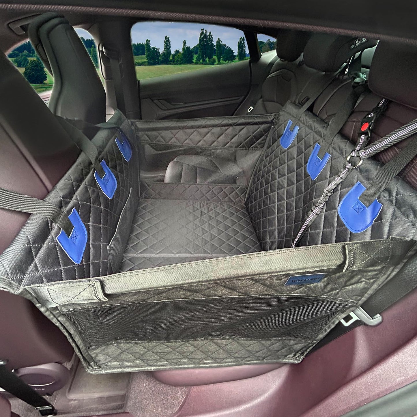 WheComd Dog Car Seat for Back Seat Half – Waterproof Hammock Style Cover for Medium to Large Dogs, Non-Slip, Hard Bottom, Mesh Window & Pocket – Fits Cars, SUVs, and Trucks (Black-L)