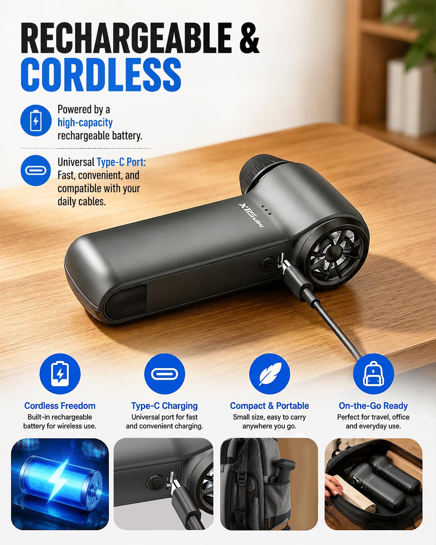 Compressed Air Duster 180000RPM – Super Power Cordless Electric Air Duster with 3-Speed Turbo Fan, Rechargeable Air Blower for Computer, Keyboard, Car, Camera & Home Cleaning