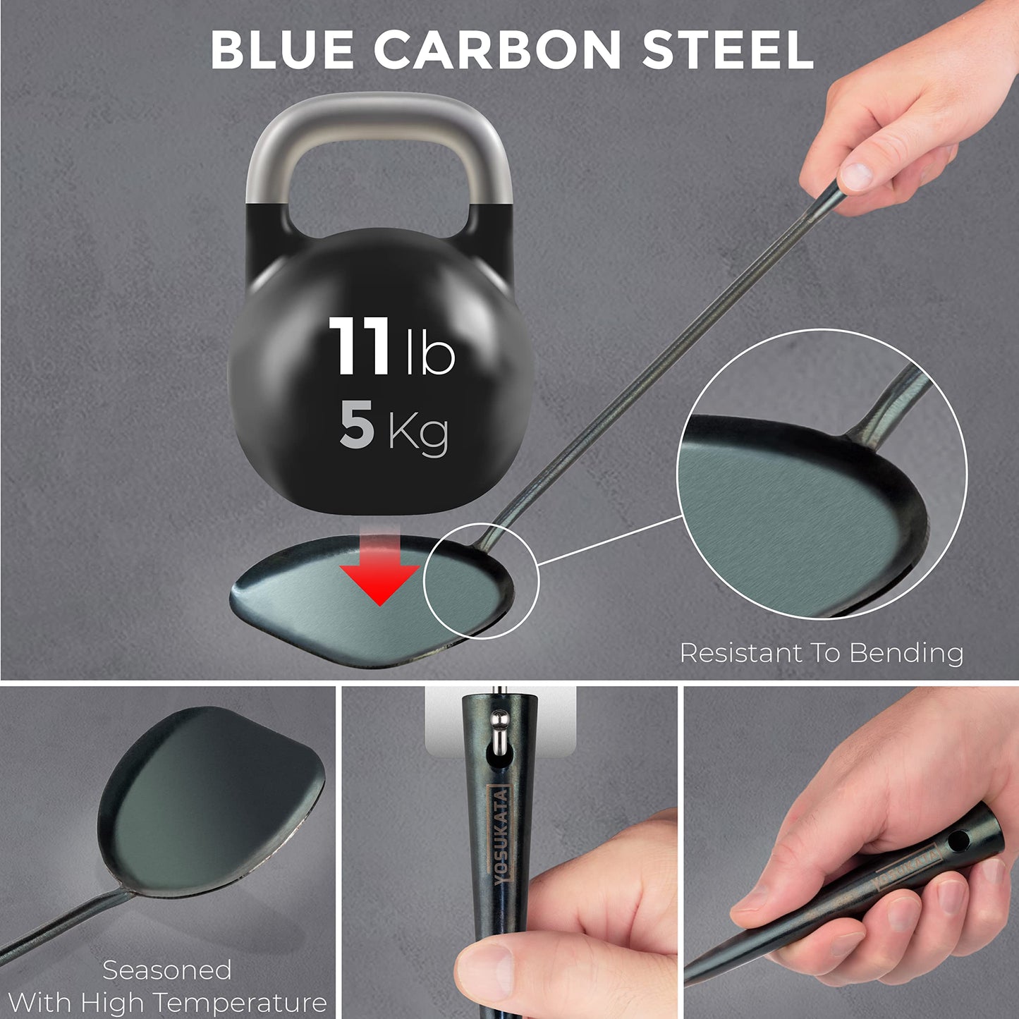 YOSUKATA Pre-Seasoned Wok Utensils Set - Blue Carbon Steel 17-inch Wok Spatula, Wok Ladle, 3 Pairs of Chopsticks - Durable Wok Accessories - Traditional Asian Cooking Tools - Wok Tools