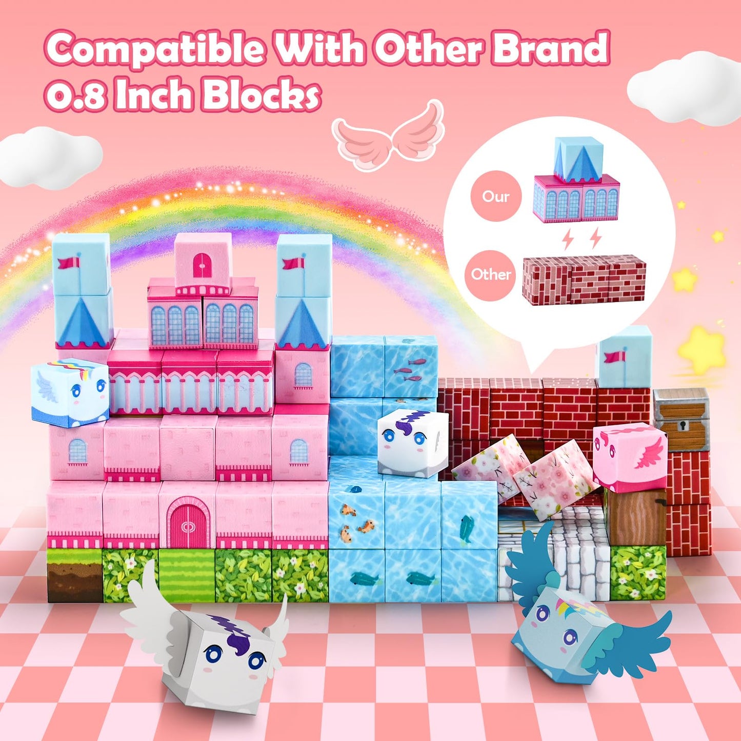 PINKCAT 100PCS Magnetic Blocks, Kids Building Pink Fantasy Castle Cubes, Stacking Tiles, STEM Sensory Toys for Toddlers, Kids Travel Essentials Toy, 3 4 5 6 7 8-12 Years Girls Boys Gifts