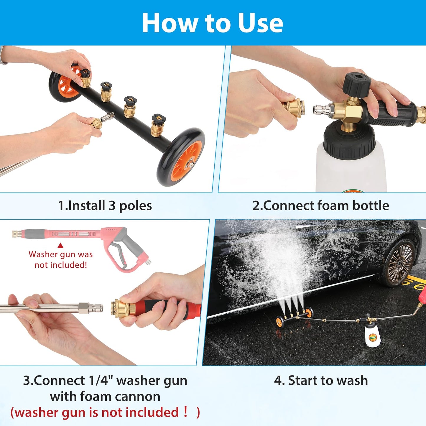 2-in-1 Undercarriage Pressure Washer Water Broom with Replaceable Nozzle, 16 Inch Car Pressure Washer with Foam Cannon/Mitten, Surface Cleaner 1200-4000 PSI (with Bottle& Replaceable Nozzle)