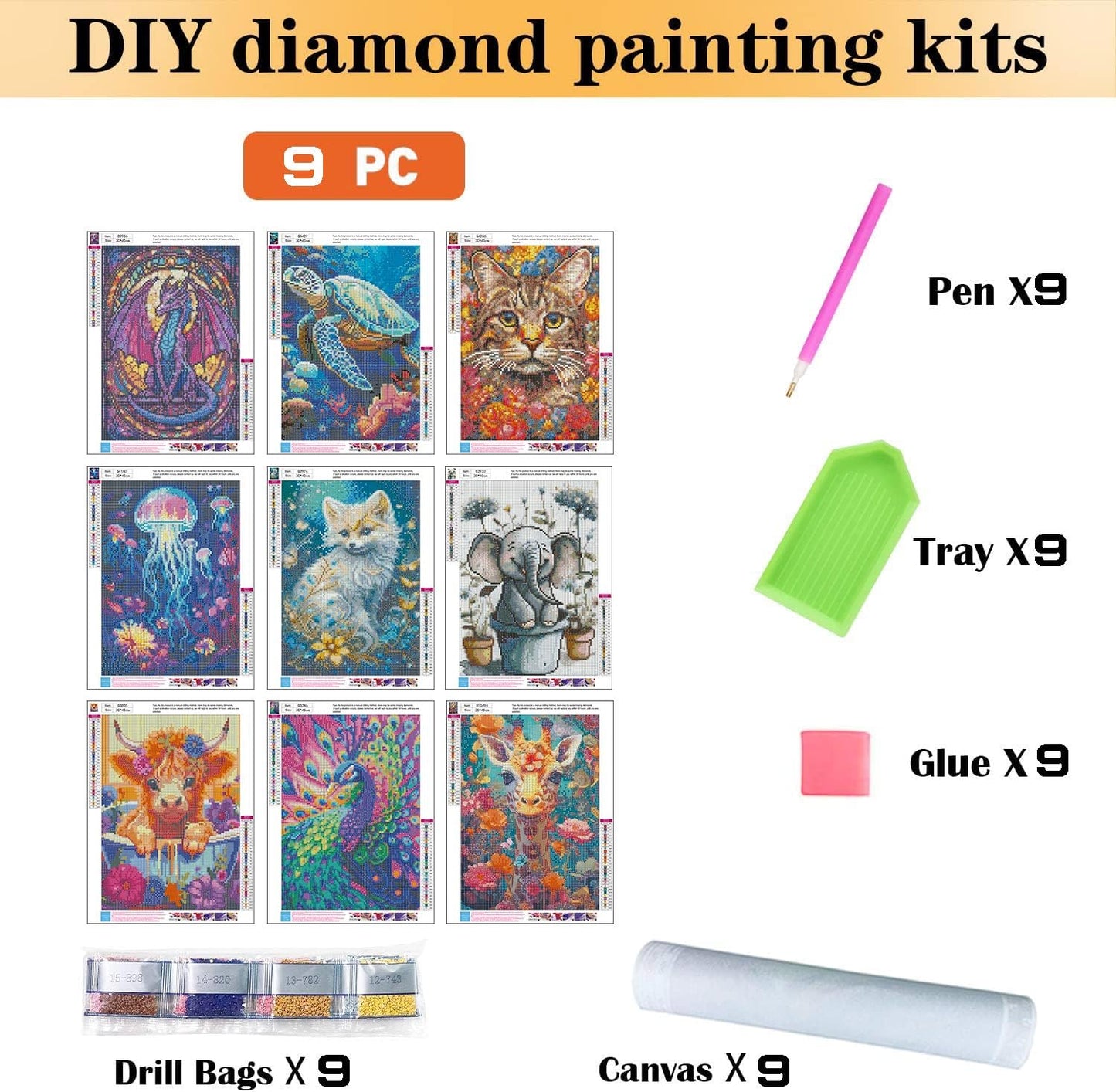9 Pack Diamond Painting Kits, Peacock 5D Diamond Art Kits for Adults Cow Full Drill Diamond Paintings Kit for Adults Beginners, DIY Animal Diamond Painting Packs Gem Art Home Wall Decor 11.8x15.7in