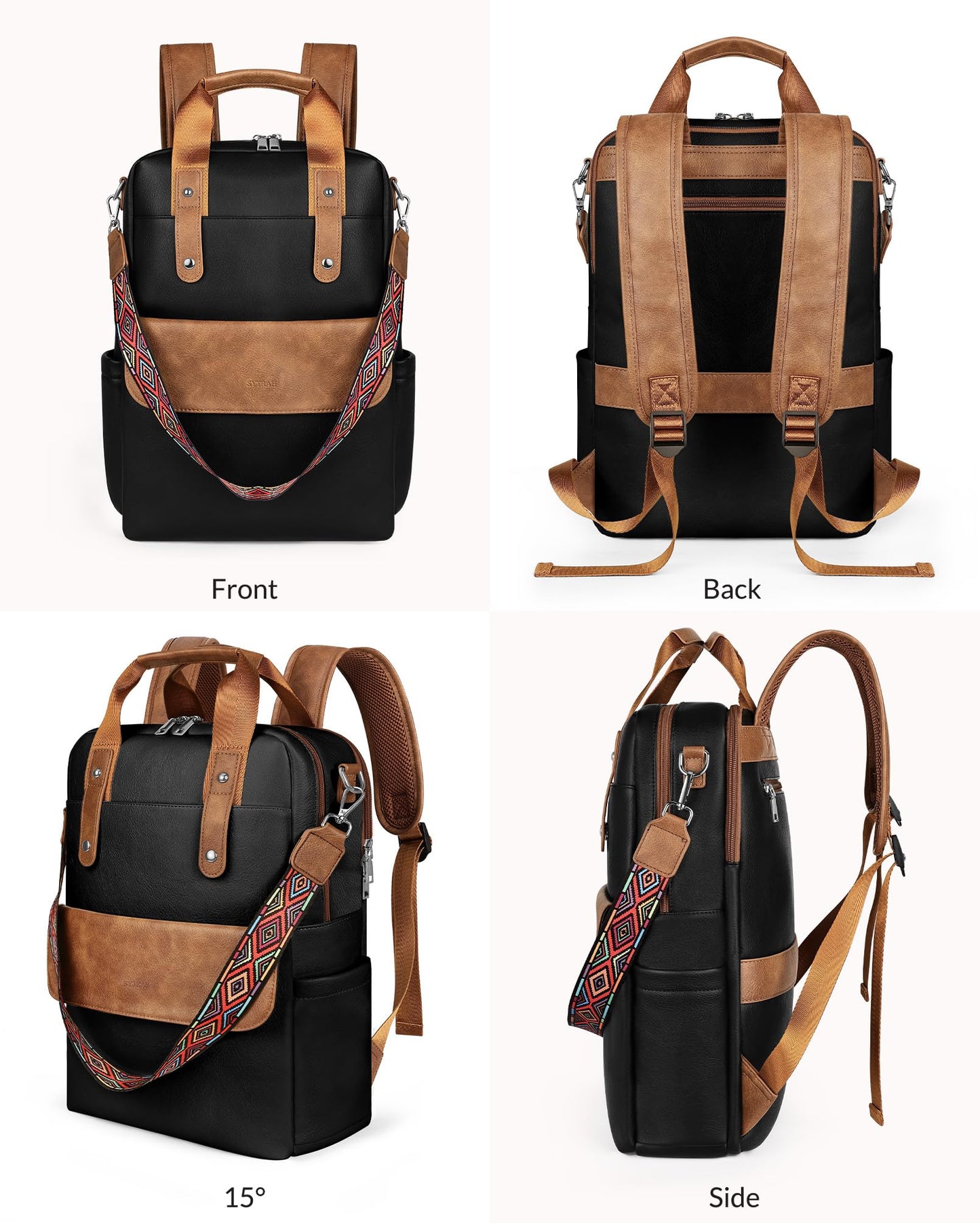 SYTRAH Leather Laptop Backpack 15.6 Inch Womens Laptop Bag, 3 IN 1 Computer Bag Handbag with Colorful Shoulder Bag Strap for Work Travel College Black Brown