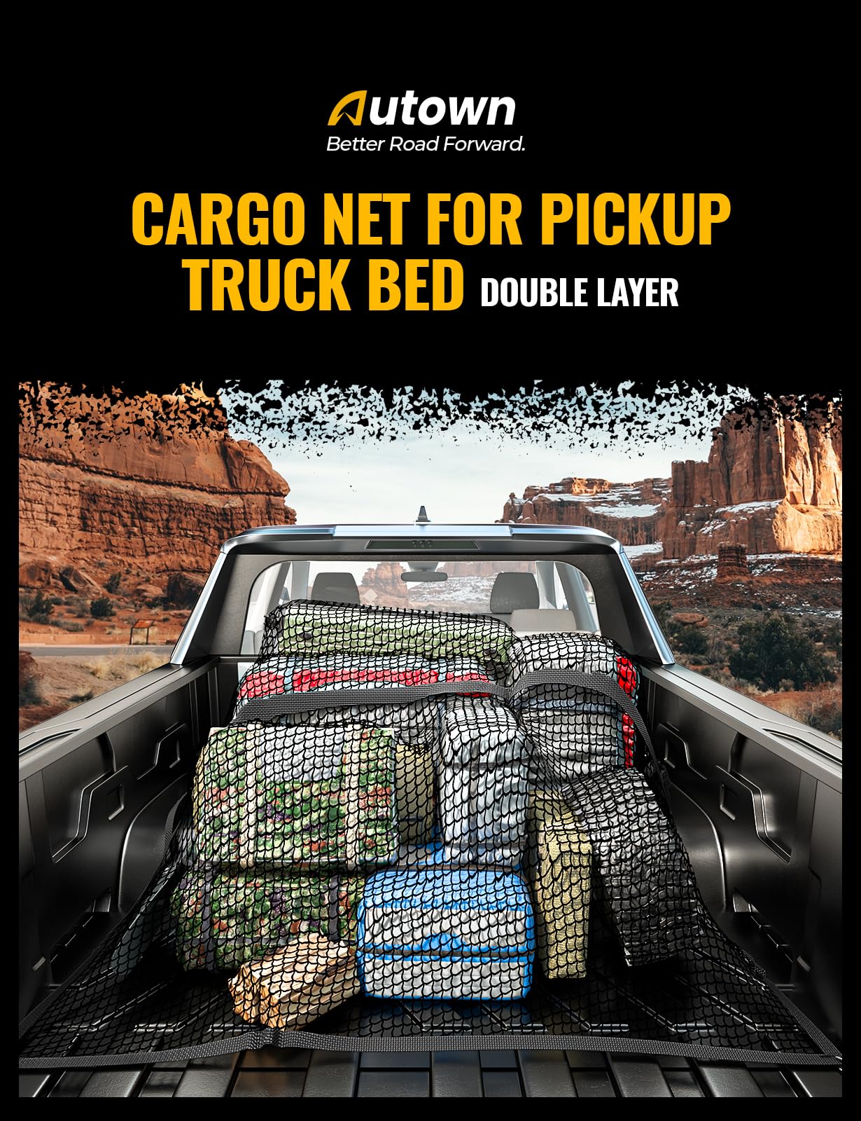 Cargo Net for Pickup Truck Bed - Stretchable 4'x4' to 7'x7', High Elastic Fine Mesh 1''x1'' with 8 Metal Carabiners - Ideal for ATV, SUV, UTV, Truck and Boat Use (Double Layer)