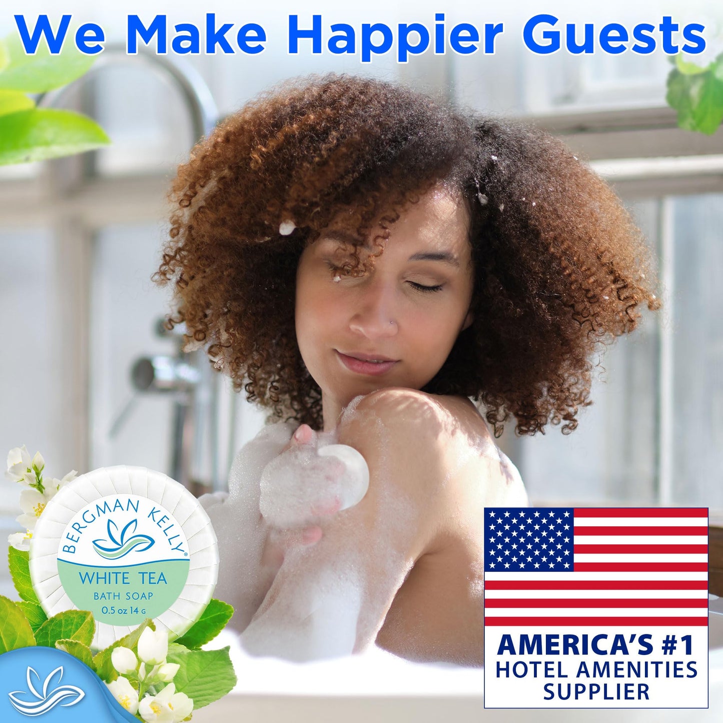 Bergman Kelly - Hotel Soap Bars - White Tea, 14 g, 100 PK - Travel Size Luxury Bulk Amenities Bar Soap - Mini Individually Wrapped Round Soap - Small Toiletries for Airbnb, Motel, Guest Bathroom