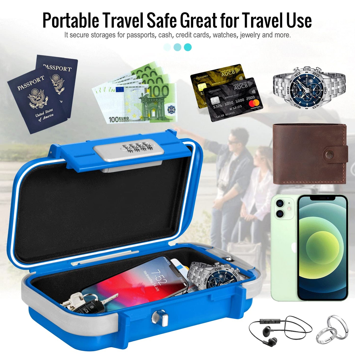 BKNOOU Travel Safe Portable Beach Safe Box Small Combination Safe Anti-Theft Lock Box Safe Waterproof Mini Security Case with Removable Wire Rope Security Box for Home,Office,Hotel,Cars,Travel etc