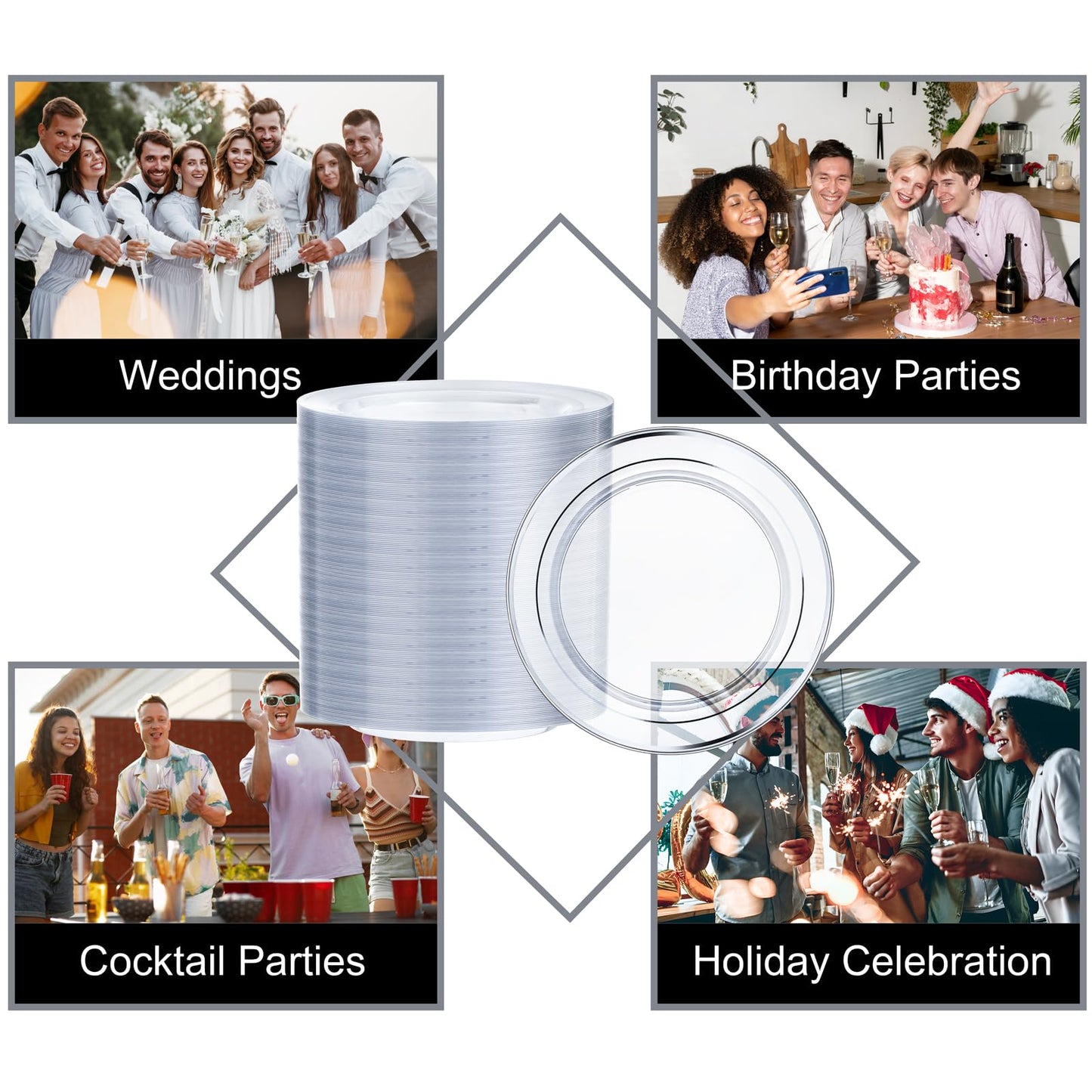 I00000 100PCS Clear Silver Plastic Plates, Clear Plates with Silver Rim, 10 Inch Dinner Plates Premium Party Supply for Wedding Birthdays Party