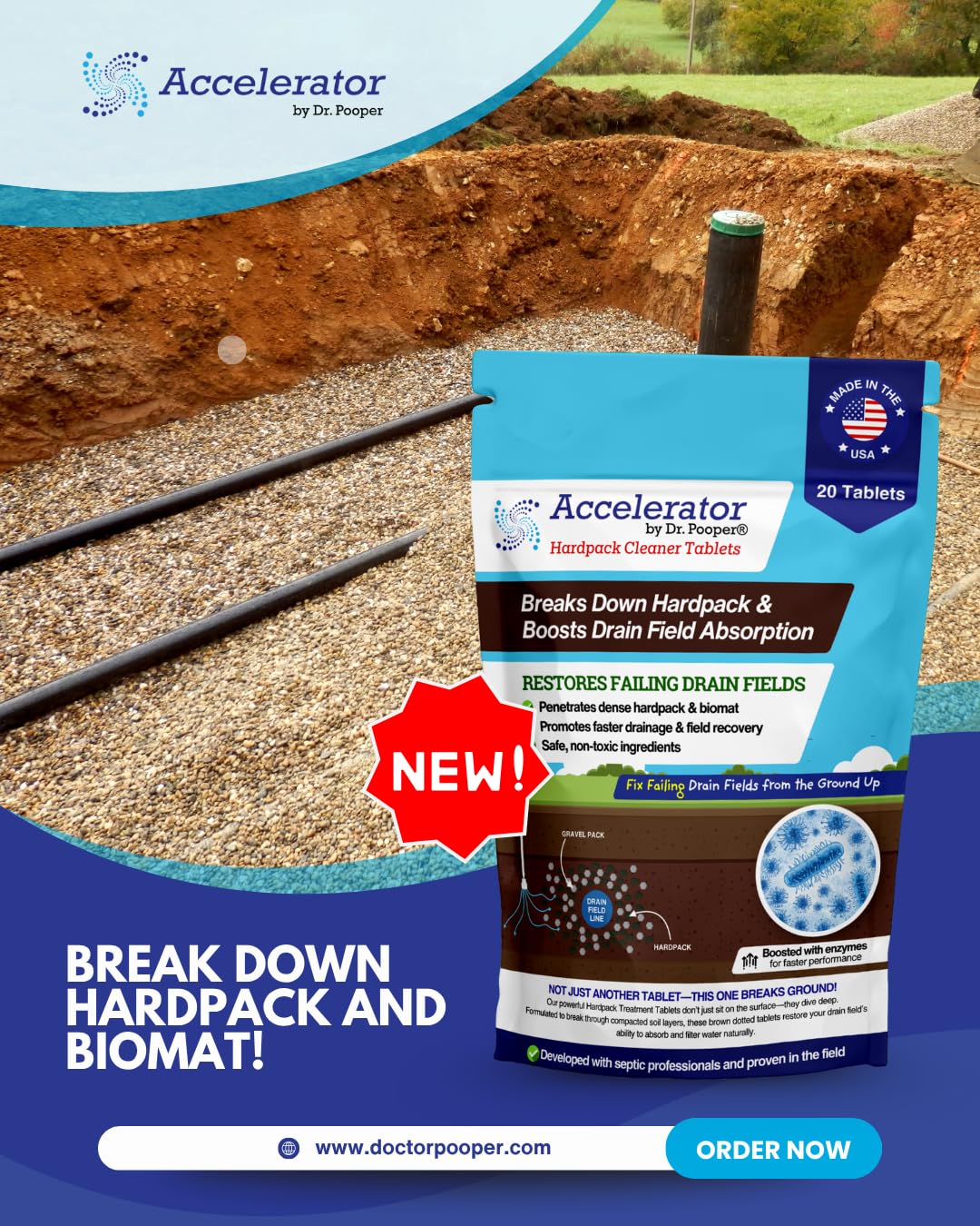 Accelerator by Dr. Pooper® – Hardpack Cleaner Tablets for Septic Systems | Breaks Down Hardpack & Boosts Drain Field Absorption | 20 Tablets - Use with our tool kit — available separately