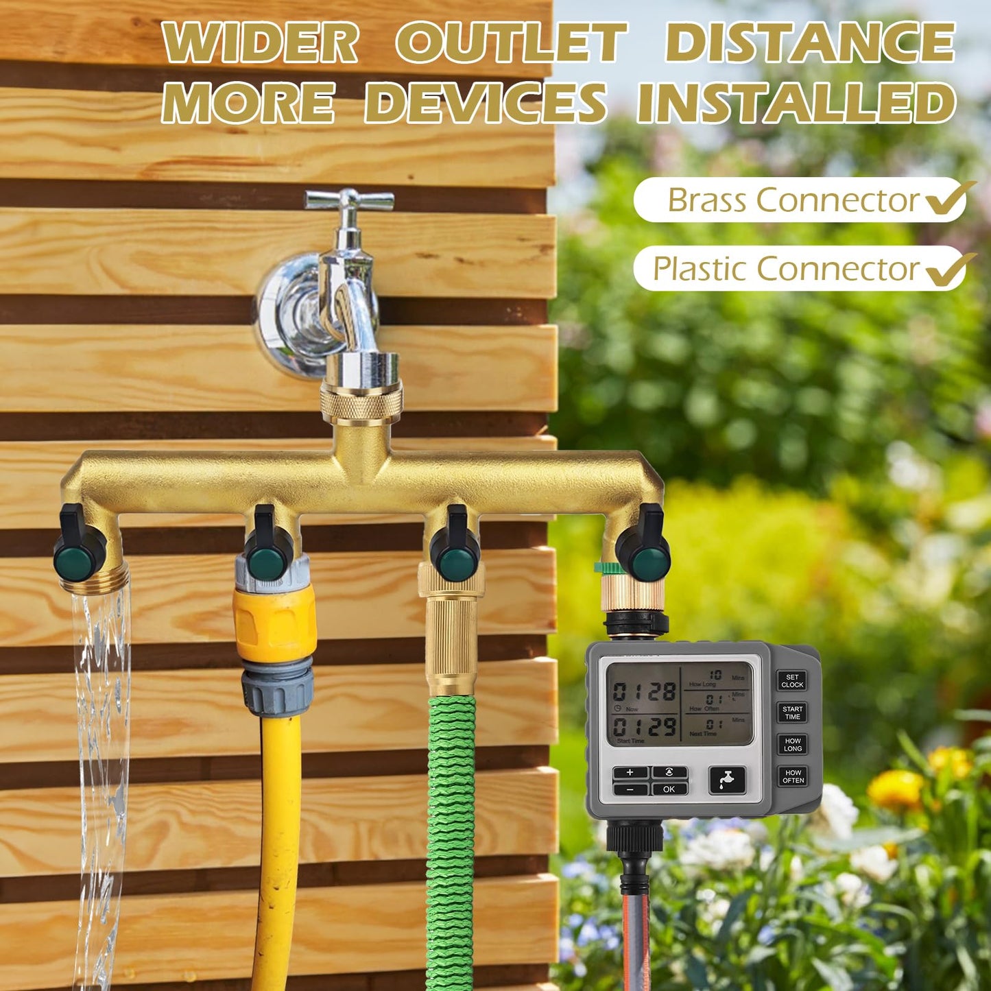 Tesmotor 4 Way Brass Tap Splitter, 3/4 Inch 4 Way Hose Tap Splitter with 4 Individual Valves for Garden Kitchen Faucet