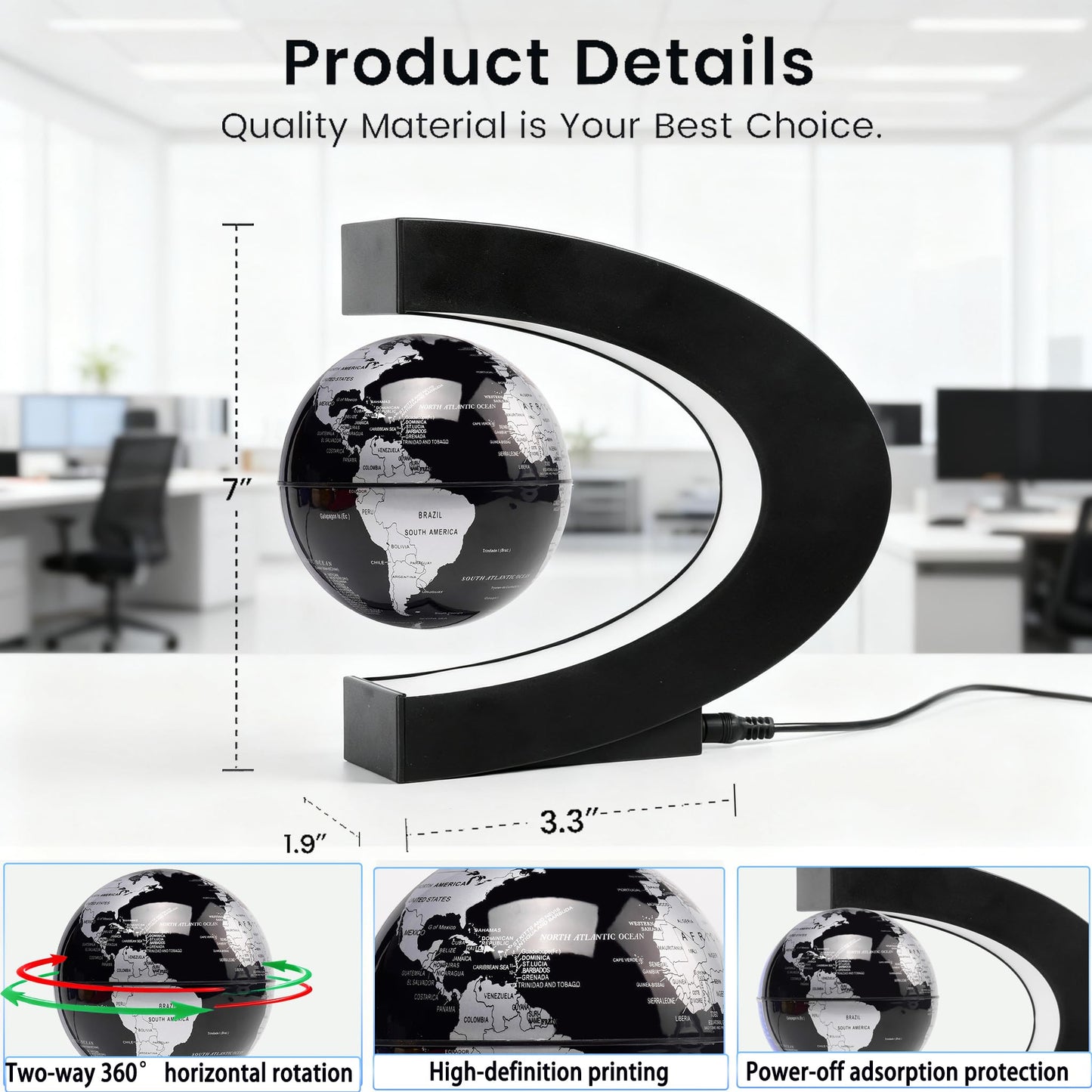BEBEVOGUE Magnetic Levitation Floating Globe with LED Light Anti Gravity Levitating World Map Office Home Bedroom Desk Gadget Decor Unique Birthday Gift for Men Kids Husband Boss