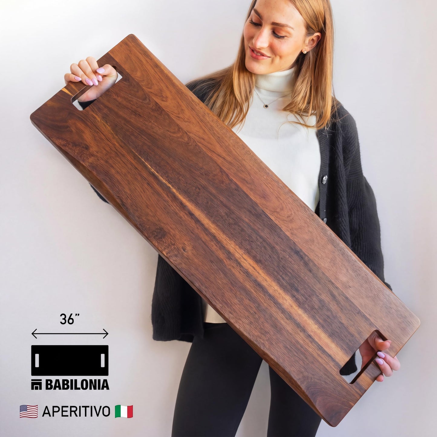 Babilonia Extra Large Charcuterie Board with Handles, 36 x 12 Inch Premium Acacia Wood Tray, Reversible Long Wooden Serving Platters for Meat, Cheese, and Party Appetizers