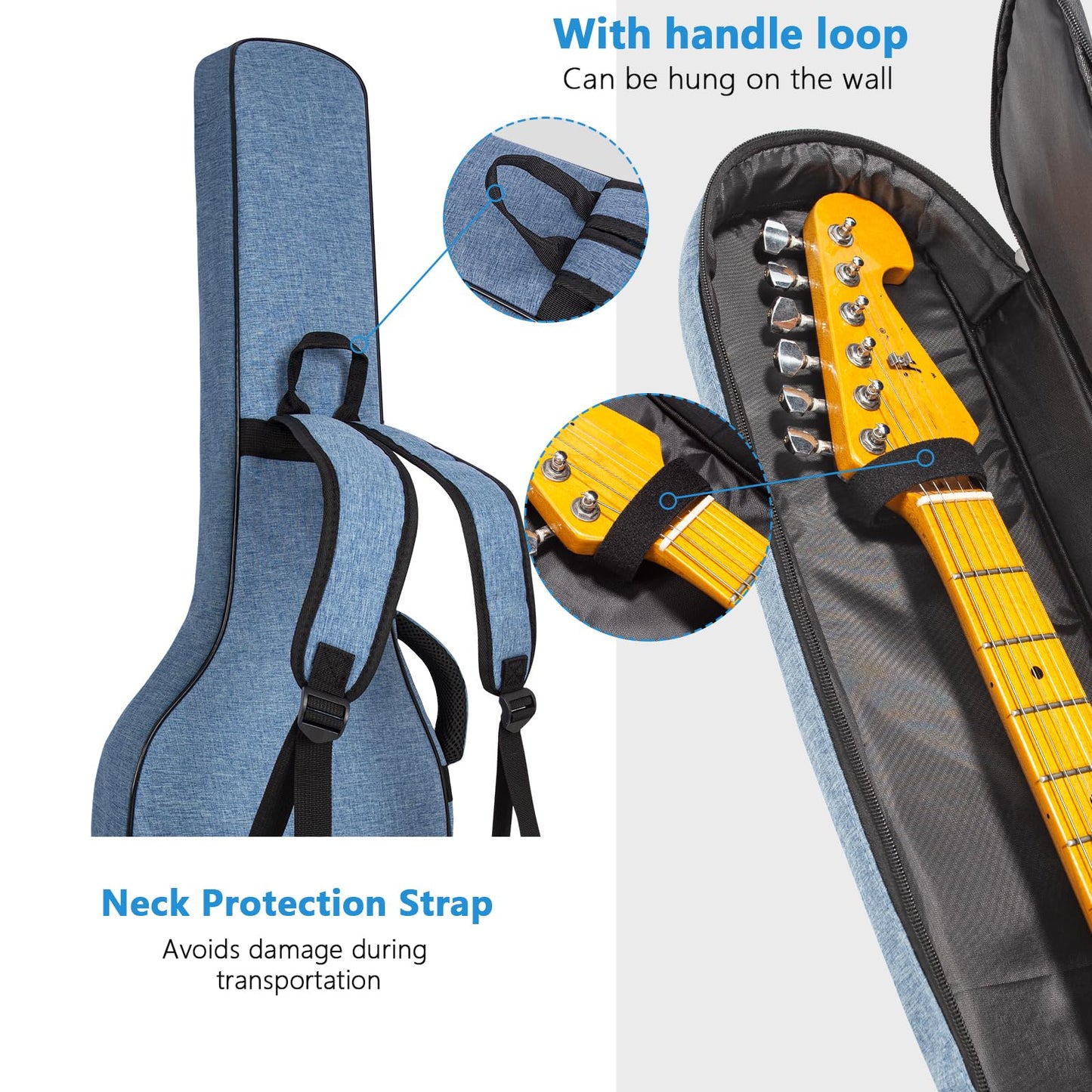 0.4in Thick Padding Backpack Soft Electric Guitar Gig Bag Padded Guitar Case Adjustable Shoulder Strap Gig Bag with Back Hanger Loop Electric Guitar Case (Multiple Pockets Blue)