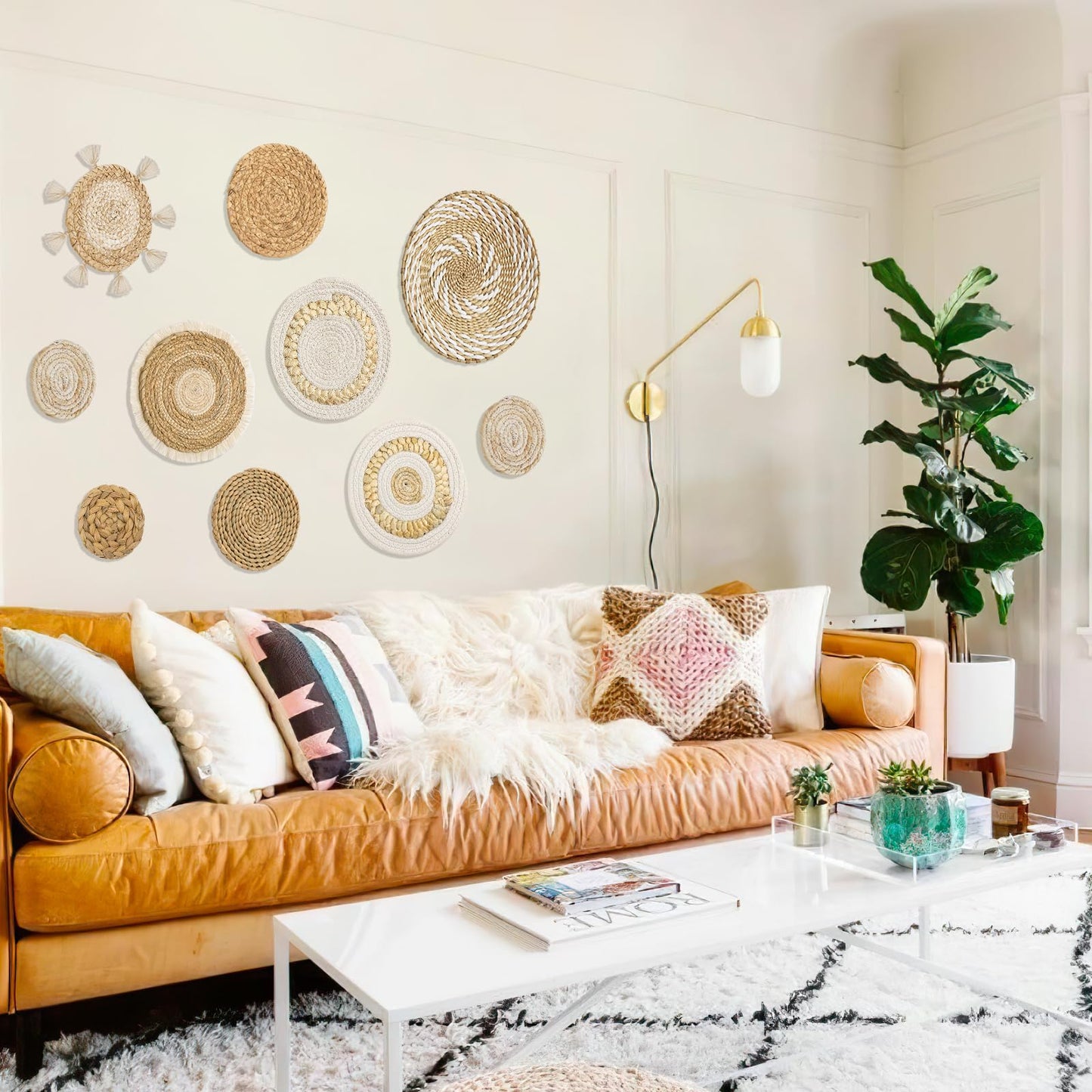 LOMOHOO Set of 10 Boho Wall Basket Decor Wicker Woven Wall Basket Decorations Bohemian Handcrafted Round Basket Hanging decor Bulrush Wall Art Decors for Living Room Rustic Home