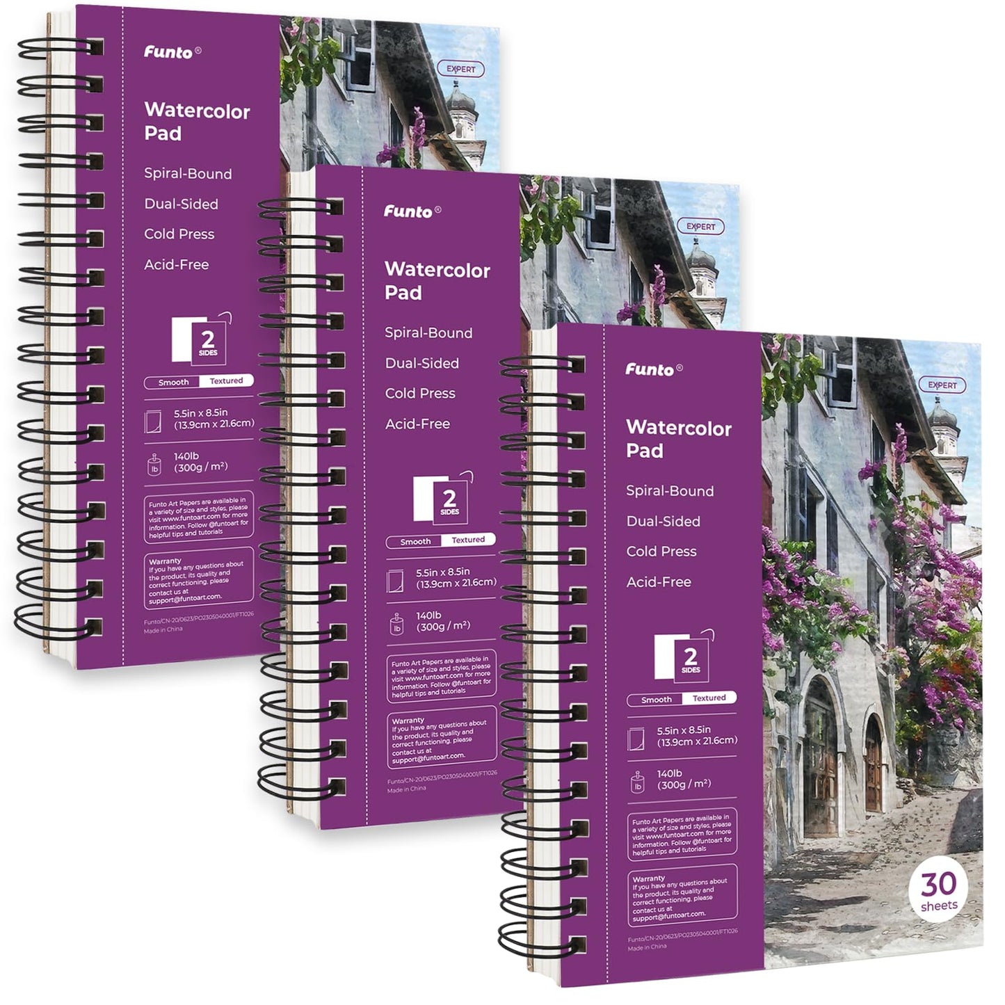 Funto Watercolor Pad 5.5x8.5", 3-Pack, 90 Sheets (140 lb/300 gsm), Double-Sided Cold Press Paper, Spiral Bound, Heavyweight Paper for Watercolor Painting, Ideal for Beginners, Artists and Professionals