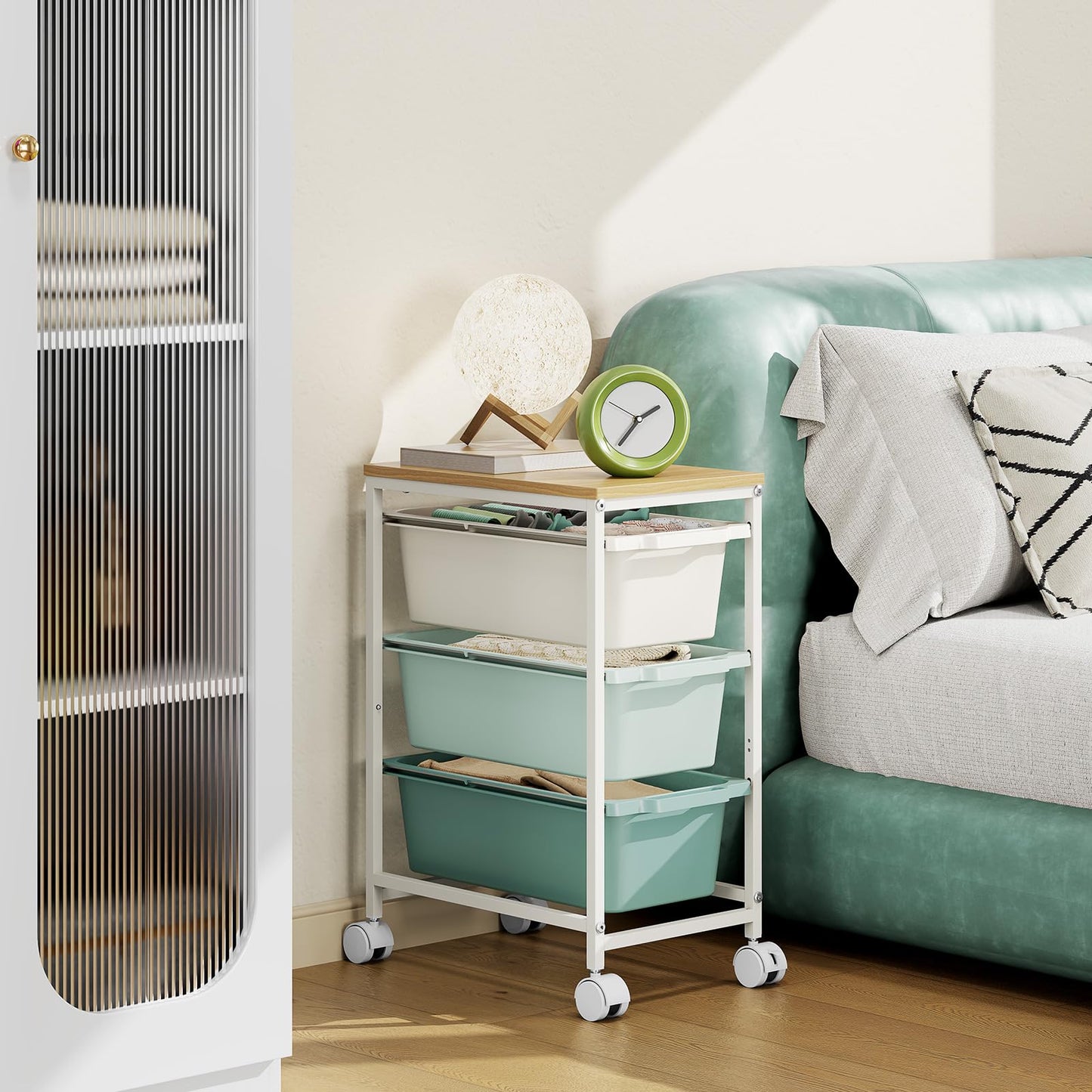 Rolling Storage Cart with 3 Drawers, Craft Organizer, Wooden Tabletop Utility Cart for Bedroom, Children's Room and Office Organization, Under Desk Trolley with Lockable Wheels, Green