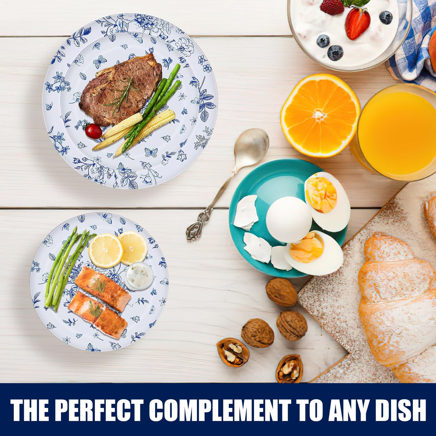 100 Pcs Blue and White Floral Plastic Plates, Include 50 Dinner Plate 10.25" 50 Dessert Plate 7.5" Vintage Flower Disposable Plate for Weeding Bridal and Baby Shower Birthday Party Supplies