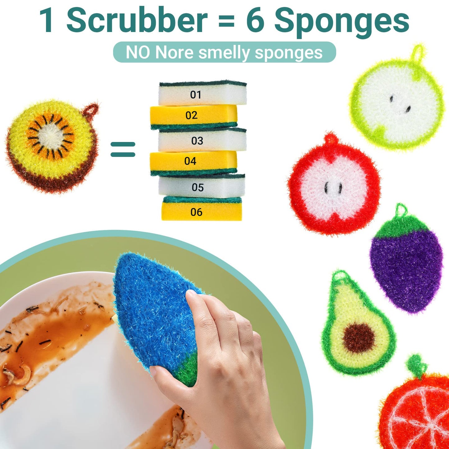 Kenning 16 Pcs Fruit Dish Scrubber Non Scratch Dish Washing Scrubbers Reusable Kitchen Household Cleaning Tools for Dishwashing Washing Dishes Cookware Tubs Sinks