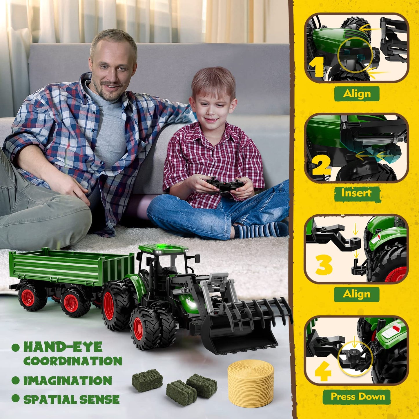 WELIN Remote Control Tractor and Trailer Toys - Rechargeable RC Tractor Playset with Metal Car Head/Lights/8 Wheels, Green Farm Truck Vehicles Toy Set, Birthday Gifts for Kids Boys Ages 3+