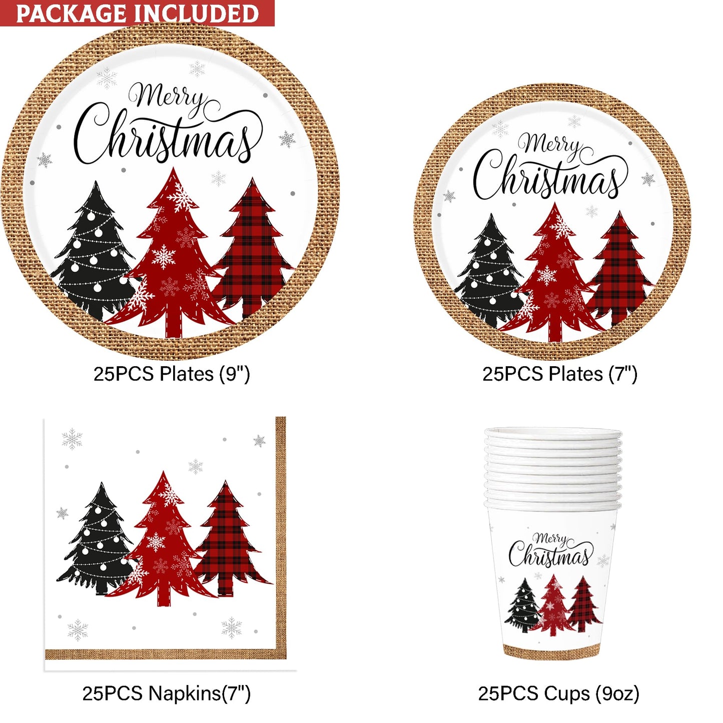 Christmas Paper Plates and Napkins(Serves 25), Christmas Plates Disposable, Christmas Tree Plates and Napkins set Included Dinner Plates, Dessert Plates, Napkins and Cups,Christmas Party Supplies