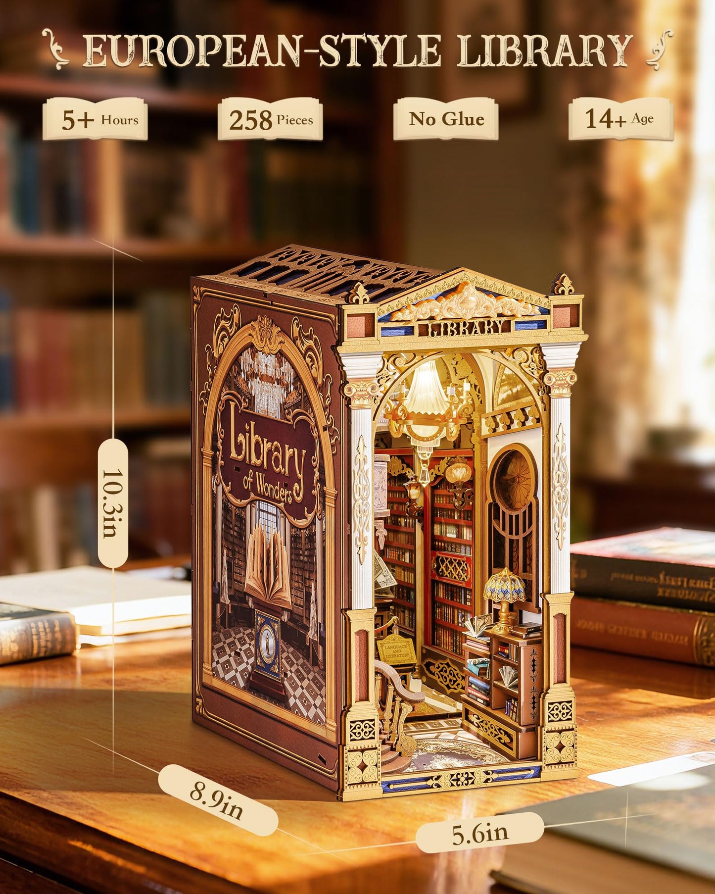 Rolife Book Nook Kits Library of Wonders 3D Puzzle, 10.4" Decorative Bookends Baroque-Style Booknook Bookshelf Insert Decor, Unique Gift for Adult Crafters Book Lovers