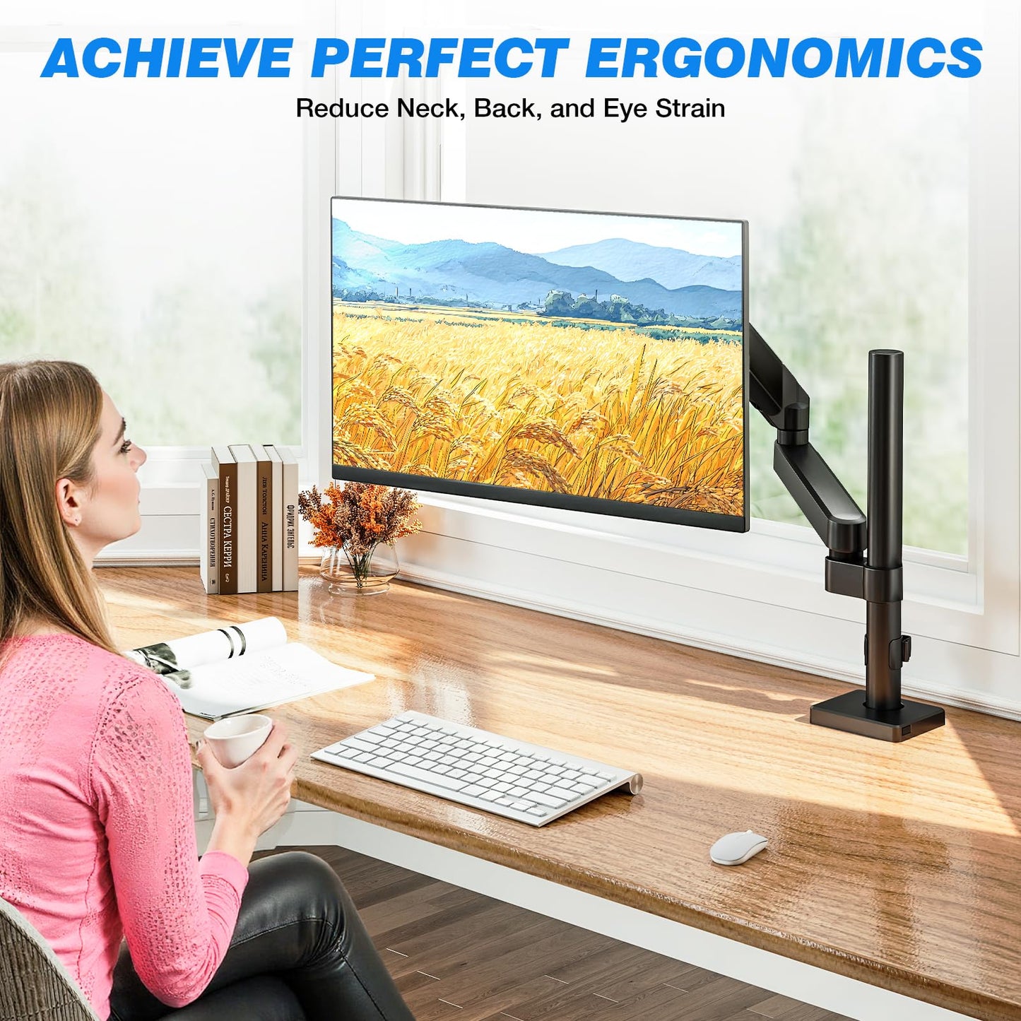 Single Monitor Stand - Adjustable Arm Mount for 17-35 Inch Screens, Ergonomic VESA Mount with C Clamp/Grommet Base, Each Arm Holds up to 22lbs, Black