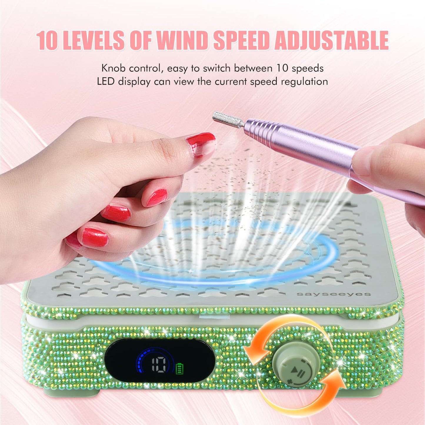 Electric Automatic Nail Dust Collector with Shiny Rhinestones Stickers, Rechargeable Collector with for Nails Polishing, Nail Salon Home (Green)