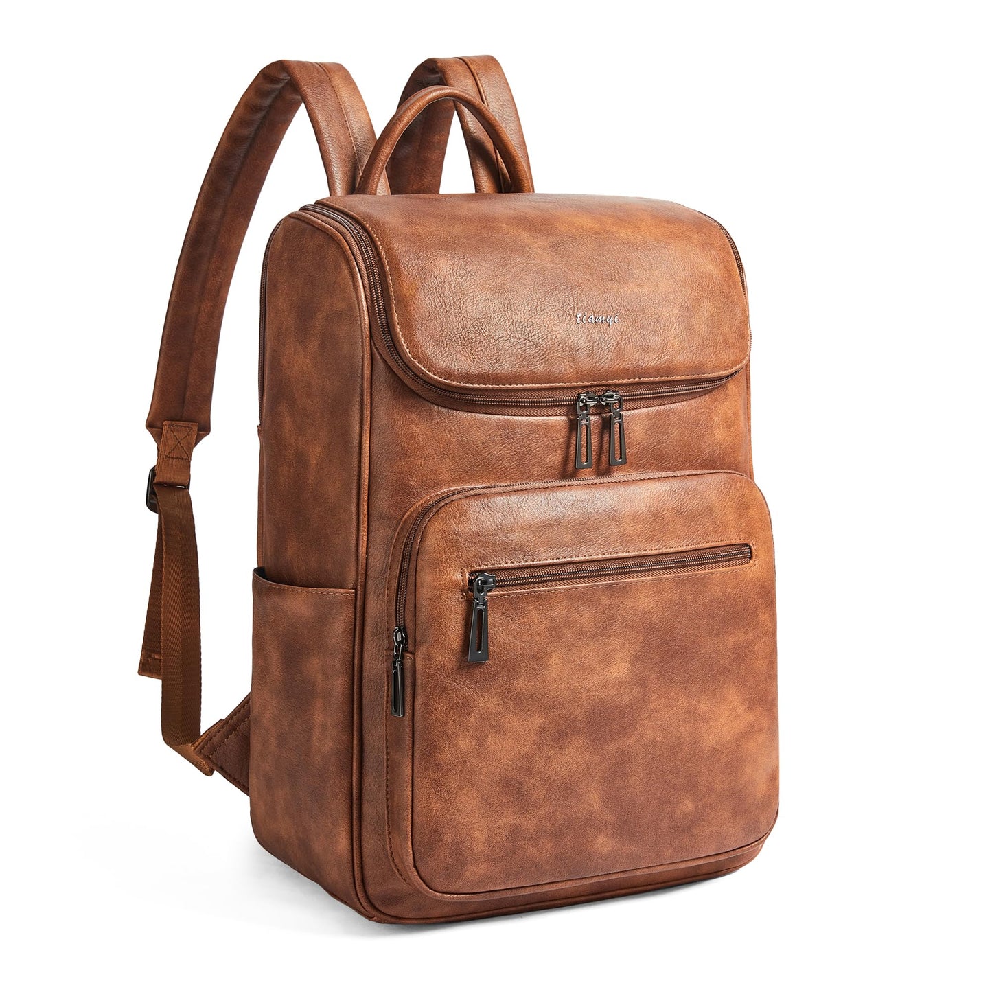 TIAMYI Computer Leather Backpack for Women Travel Back pack with 15.6 inch Laptop Compartment, Vintage Ladies Backpack, Brown