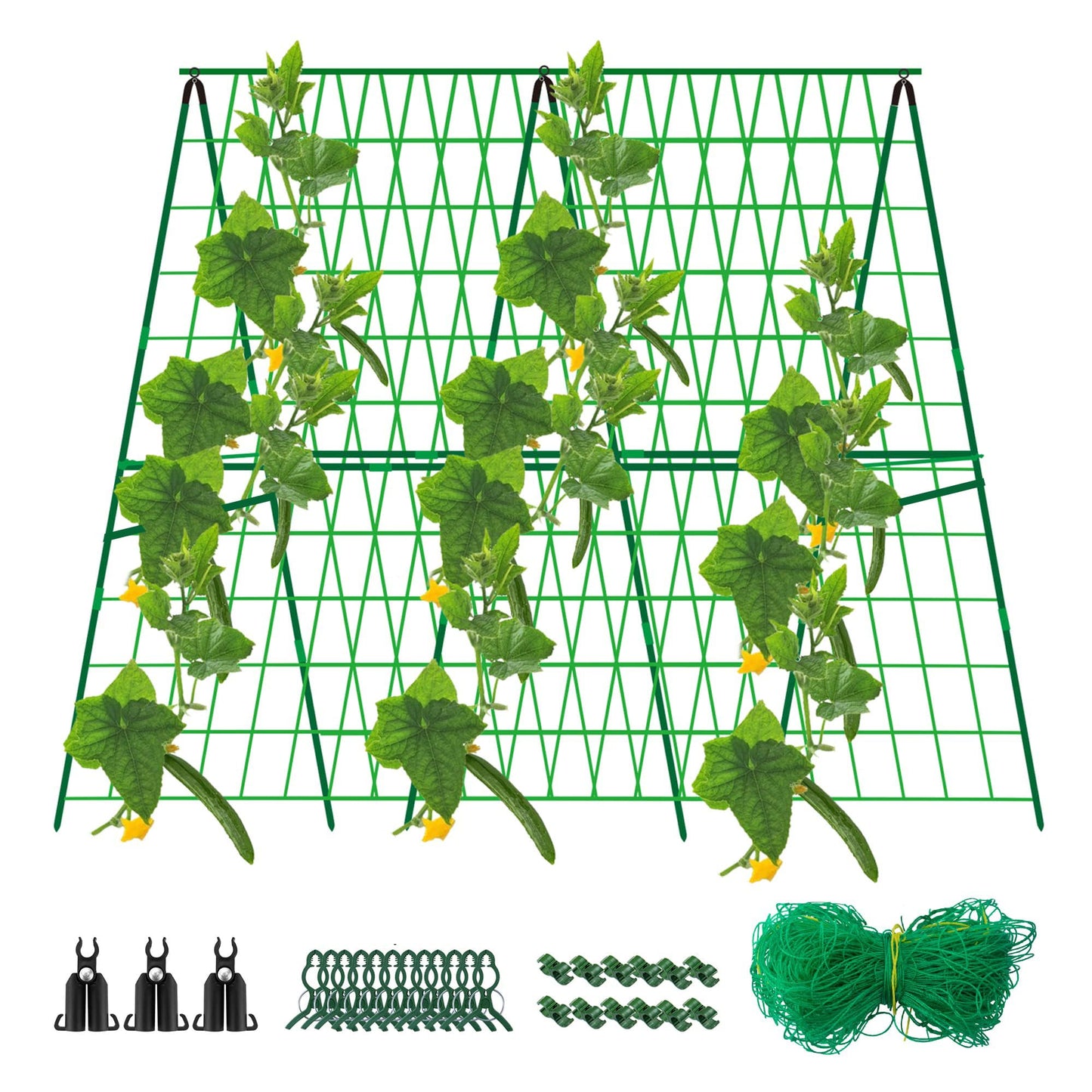 DECOHS A-Frame Metal Garden Trellis Set for Raised Bed-47x 47 Inch Detachable Climbing Trellis with Net and Clips for Outdoor Plant Cucumber Flowers Vegetables