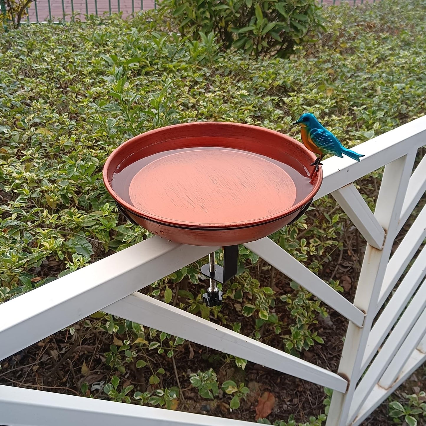 Keygift Deck Bird Bath for Outdoors, 11" Copper Metal Birdbath Bowl with Adjustable Big Steel Clamp Backyard Bird Bath&Bird Feeder for Railing Balcony Fence Yard Art Garden Decor