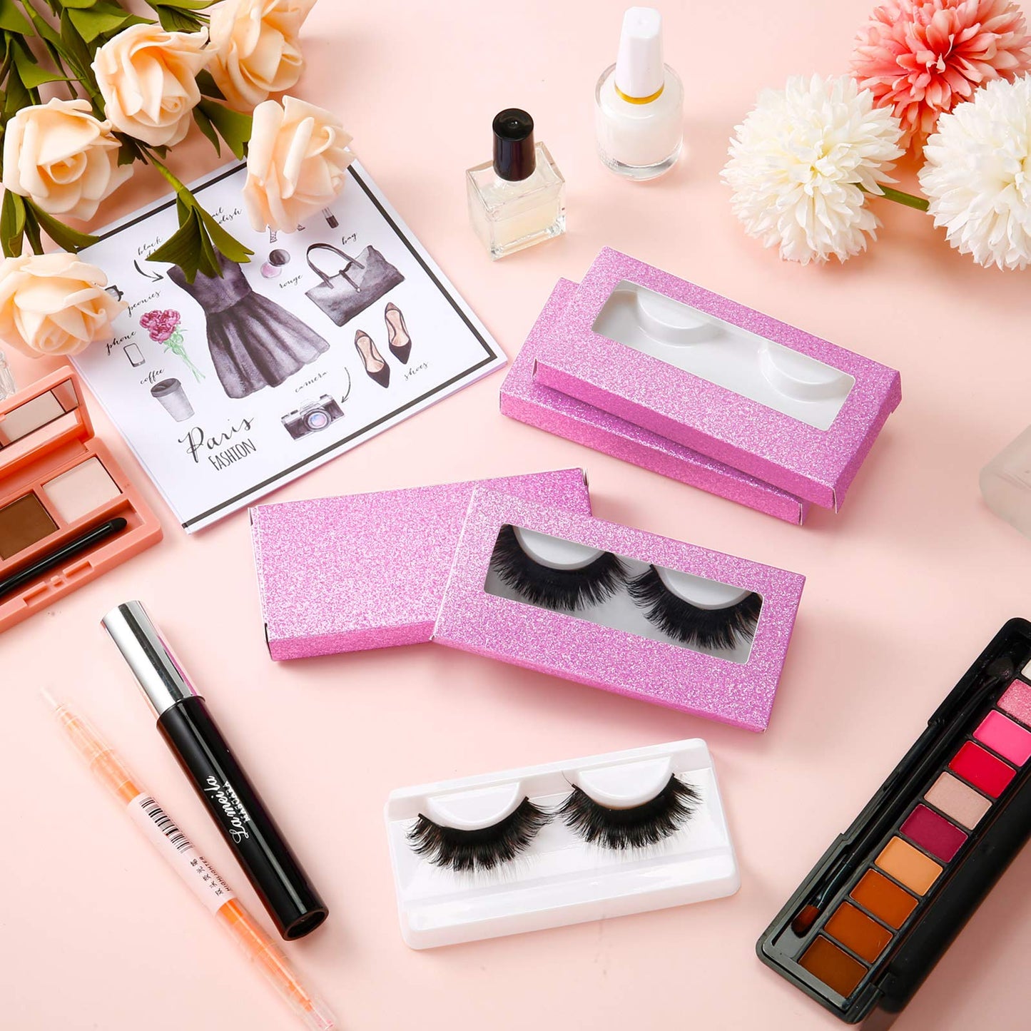 Maitys 100 Pieces Empty Eyelash Case Set, 50 Empty Eyelash Boxes and 50 Storage Trays Bulk Glitter Packaging Boxes for Travel Carry(Pink)