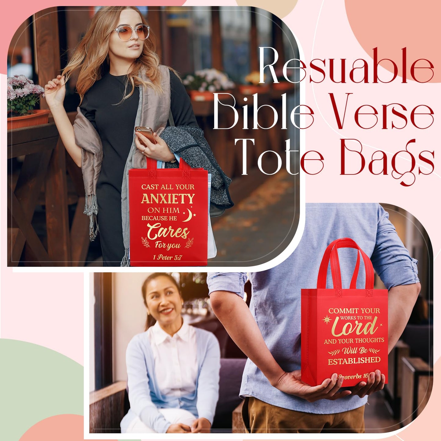 Talltalk 50 Pcs Christian Gift Bag Bulk Reusable Bible Verse Tote Religious Welcome Visitors Church Bags with Scriptures Clergy Pastor Gift for Sunday School Party Favors Christmas(Red,Medium)
