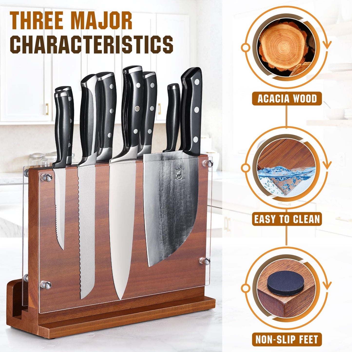 ENOKING Magnetic Knife Block with Acrylic Shield 12 x 9 Inches, Double Side Kitchen Knife Holder Without Knives- Acacia Wood Universal Knife Storage Organizer with Powerful Magnet for Kitchen Counter