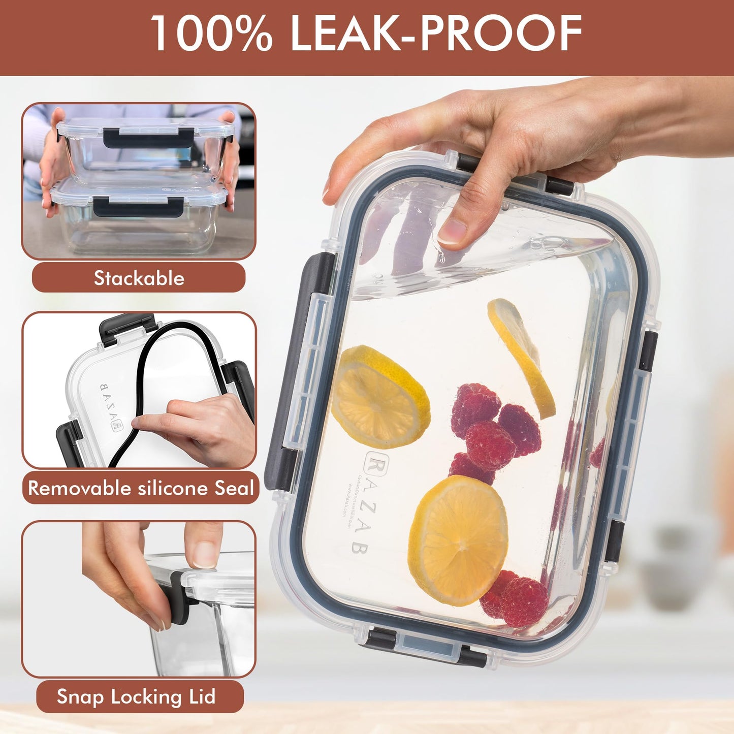 8 Cups/ 63 Oz 4 Piece (2 containers + 2 Lids) Large Glass Food Storage/Baking Containers w/Locking Lids Ideal for Storing food, vegetables/fruits BPA Free & Leak Proof Microwave, Oven Safe - Black