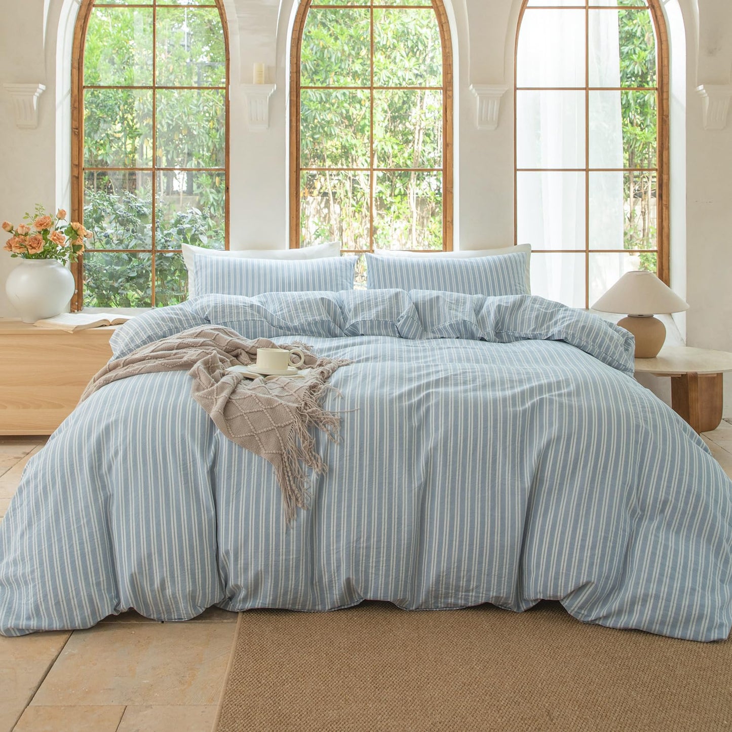 BESTDESIL Luxury 100% Washed Cotton Linen Like Duvet Cover Set,3 Pcs Striped Duvet Cover with Zipper Closure(Strip-Cornflower Blue/White,Full Size)