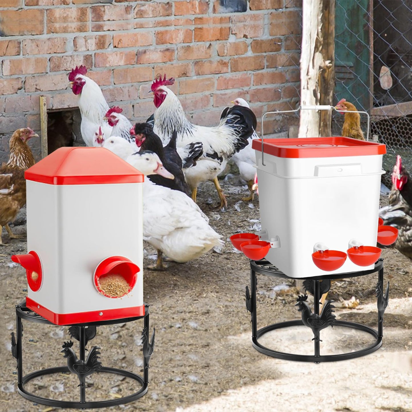 MeyRolizn Metal Stand for Chicken Feeder Waterer, Heavy Duty Poultry Water Feeder Stand Holder with Basin, Rustproof Iron Chicks Feeding Buckets Support Shelves for Indoor Outdoor (Black 2pc)