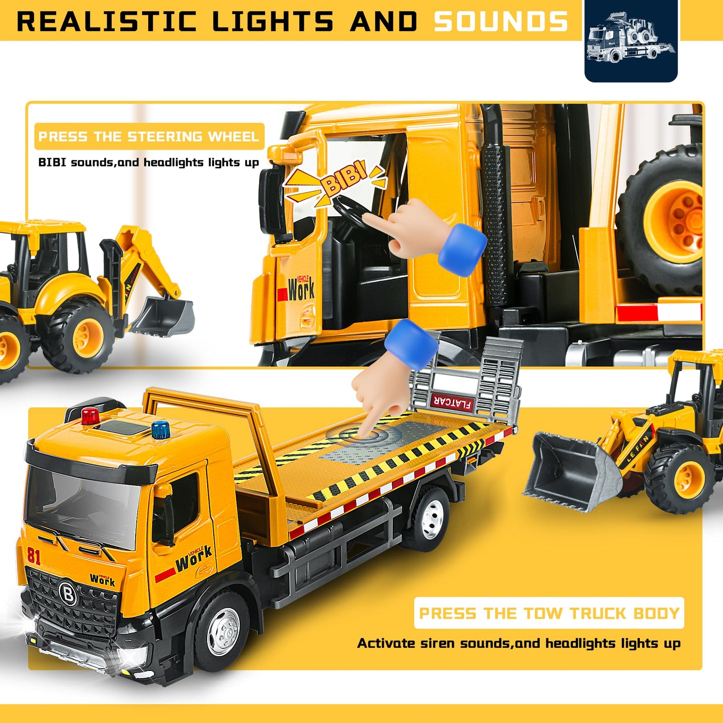 ID Gerilla Tow Truck Toy Metal Cab, Flatbed Tow Truck Toys for Boys Age 3-5 with Backhoe Loader, Friction Powered Transport Trailers with Lights, Sounds, Construction Vehicles for Kids Birthday