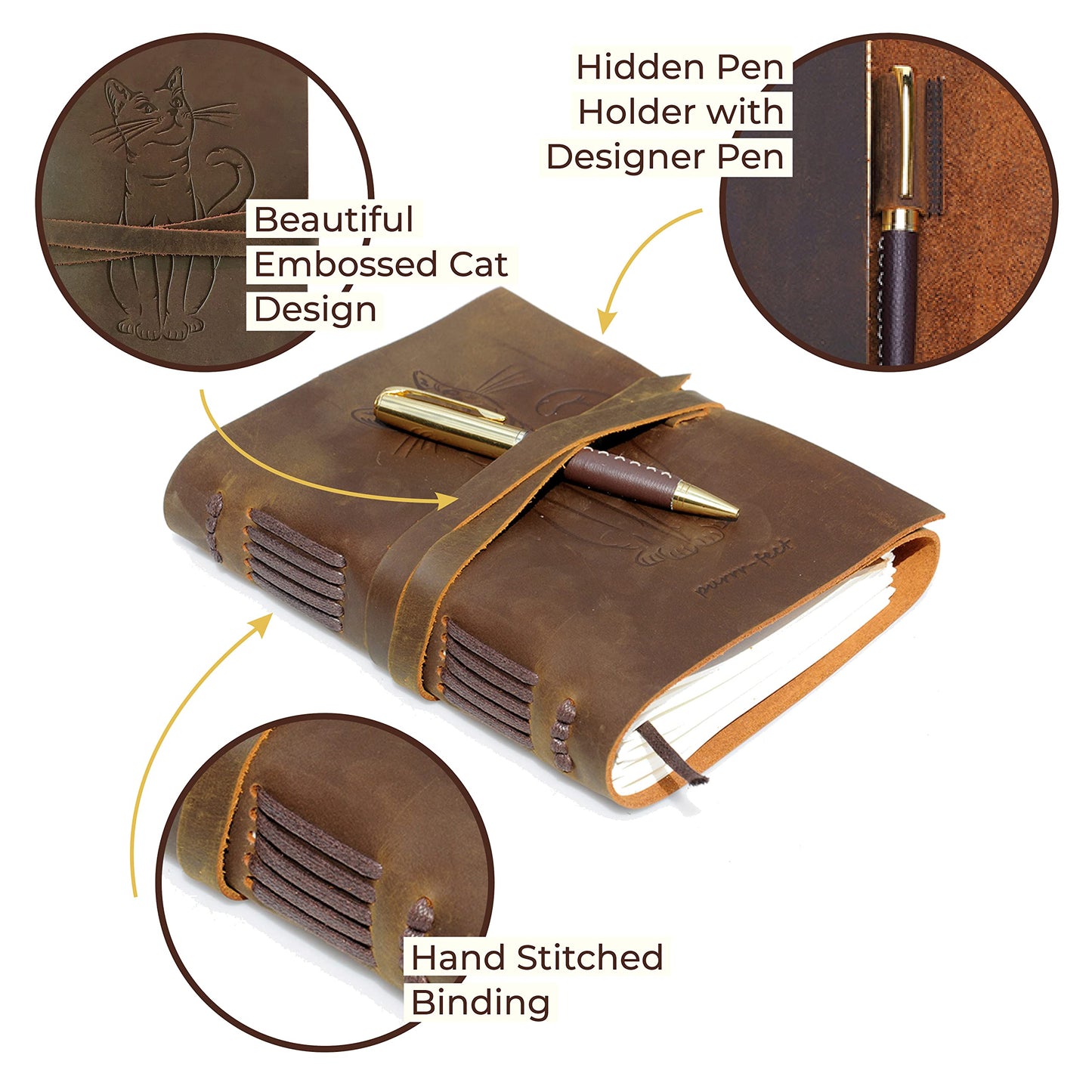 Genuine Leather Journal - Embossed Cat Design | Carnet de Notes en Cuir Journal avec Motif Chat | Beautiful A5 Handmade Travel Diary, Vintage Writing Bound Notebook Antique Soft Rustic 6"x8" | 21x15 cm Engraved Unlined Paper for Notes Perfect Sketchbook +