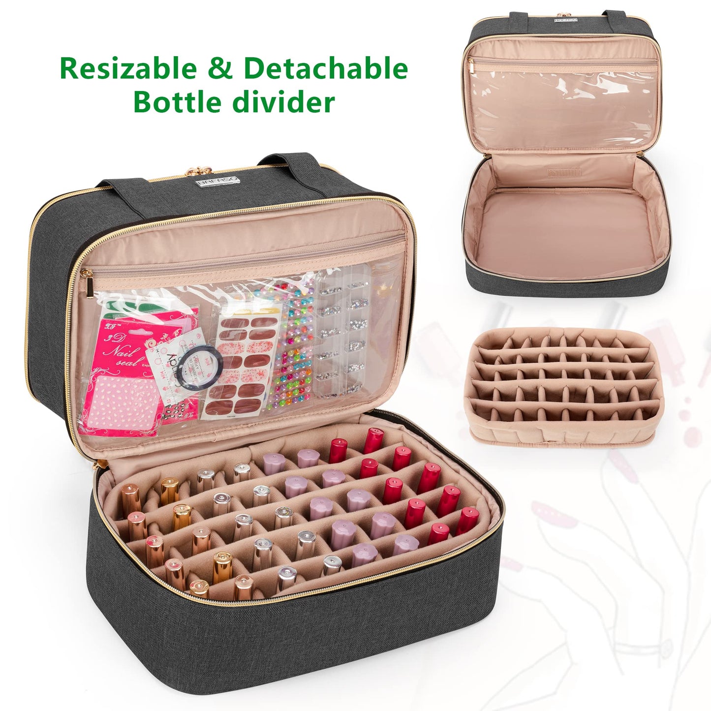 BAFASO Nail Polish Organizer Holds 40 Bottles (15ml - 0.5 fl.oz) and a UV Nail Lamp, Double Layers Nail Polish Case with Manicure Tools Storage Sections (Bag Only), Black, Patented