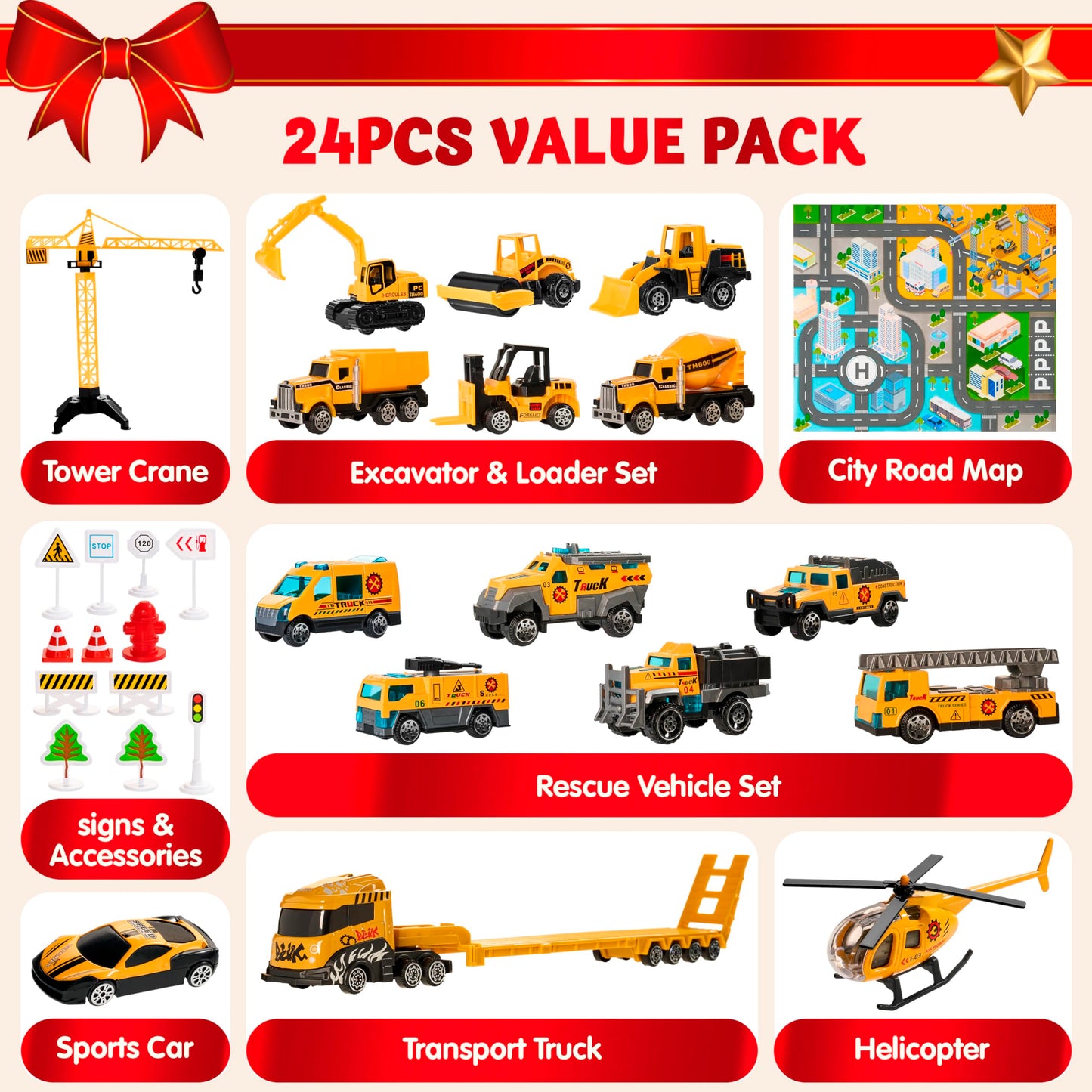 JOYIN 2025 Christmas Advent Calendar Engineering Vehicle, 24 Days Christmas Countdown Alloy Construction Engineering Vehicle for Kids, Vehicles City Construction Cars, Xmas Party Favors Supplies