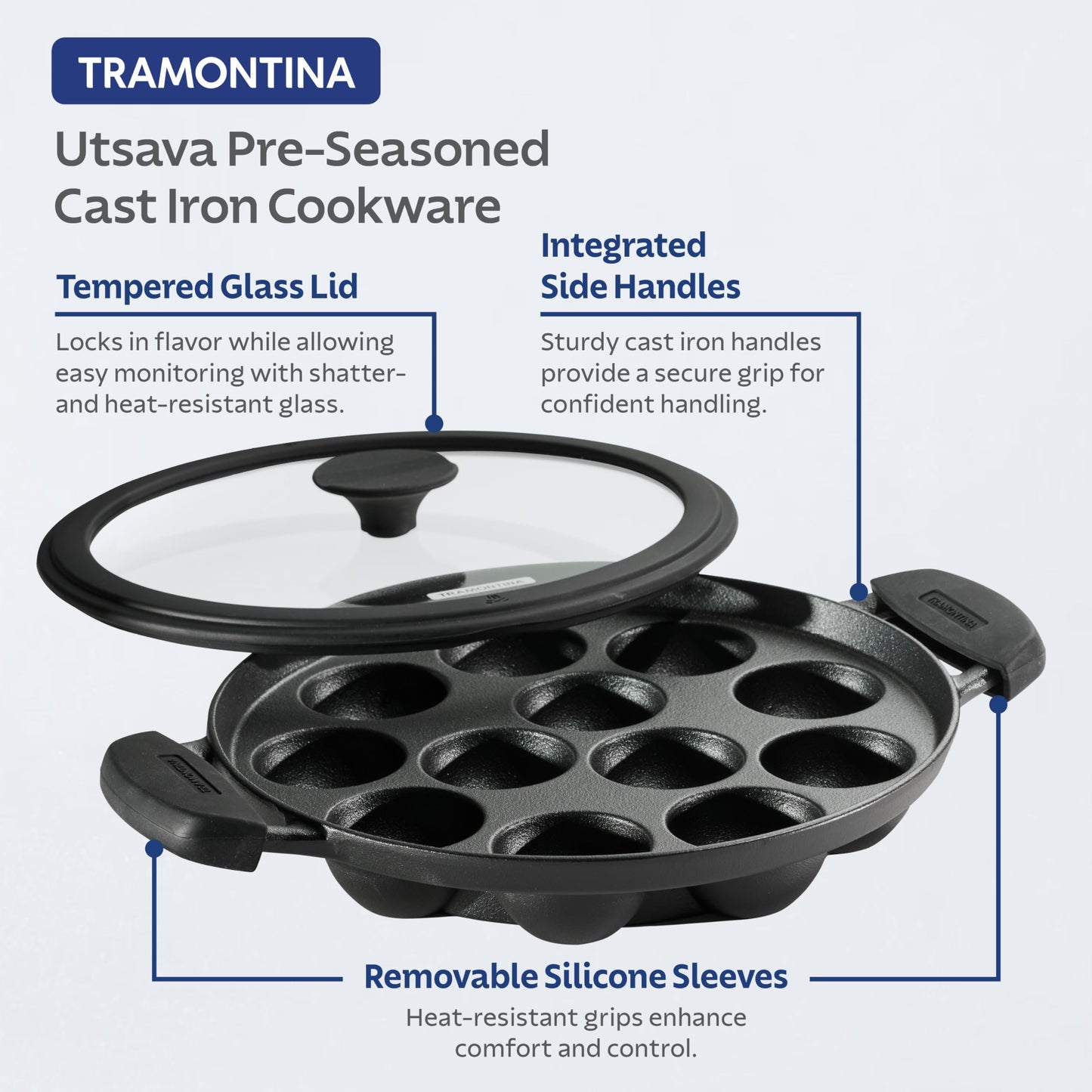 Tramontina Utsava Pre-Seasoned Cast Iron Appam Pan, 12-Hole Appe Pan with Lid, Great for Paniyaram, Takoyaki and More
