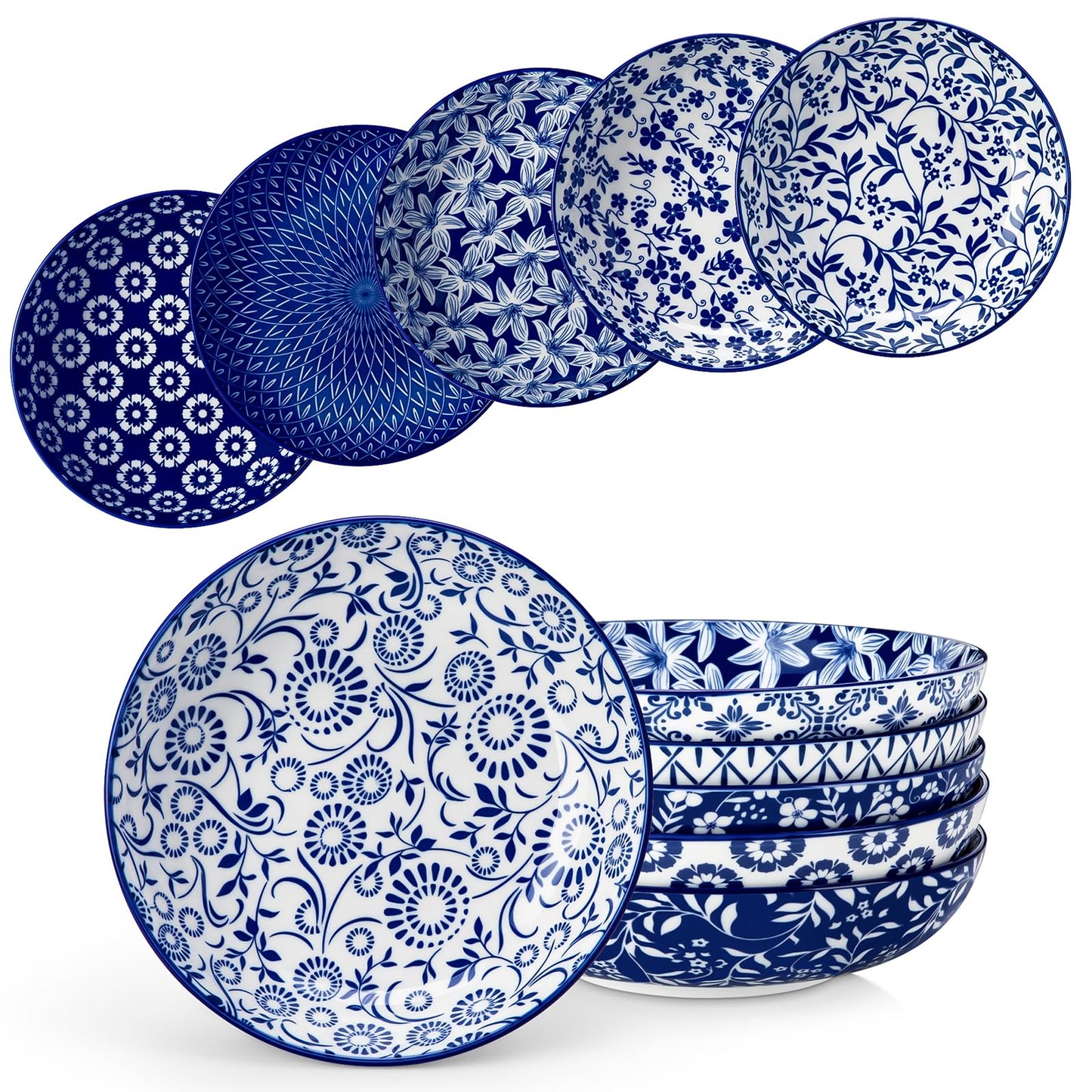 vancasso Selene 8.5" Pasta Bowls Set of 6, 40 oz Porcelain Shallow Salad Bowls, Serving Bowls Large Bowl Plates Pasta Plates, Blue & White Floral Design, Microwave Safe