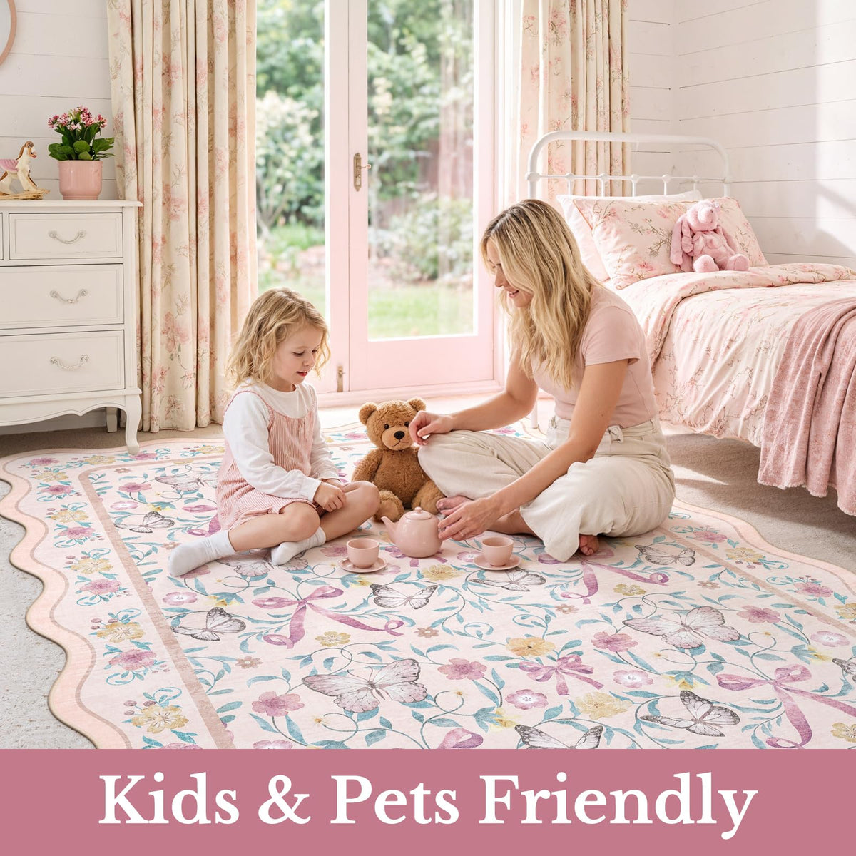 5x7 Pink Nursery Rug for Bedroom, Scalloped Washable Area Rugs for Kids Room, Bow Floral Carpet for Girls Room, Cute Ultra-Soft Non Slip Boho Carpet for Playroom, Dorm (Pink)