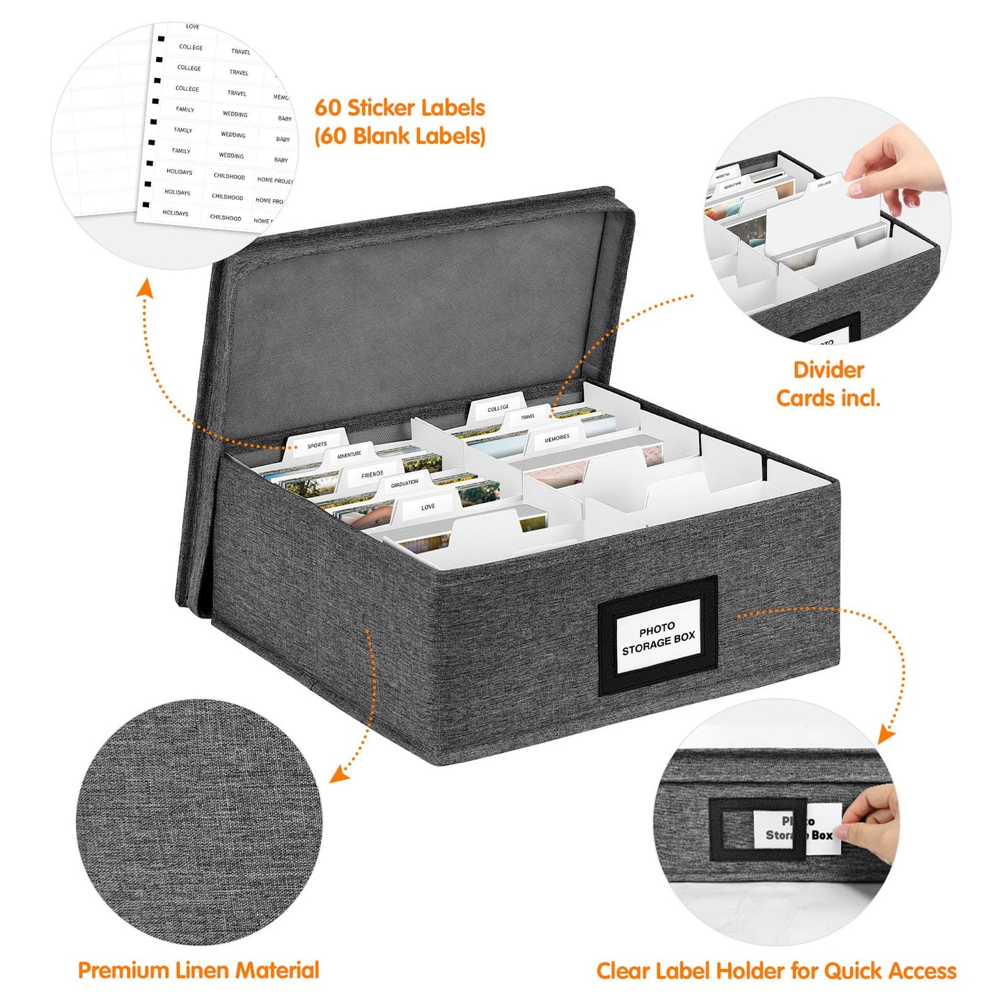 Photo Storage Box with Lid, Photo Organizer Box Fits Holds Up to 1700 and 4x6 Pictures, with 8 Adjustable Dividers, 60 Labels, Photo Album Box for Envelopes, Scrapbooking, Recipes,Cards, Stamps