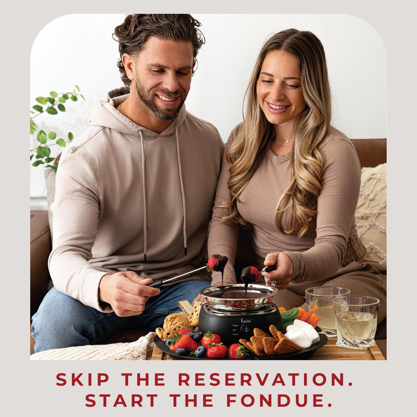 Kusini 2 in 1 Electric Fondue Set & Smores Maker Tabletop Indoor Kit with Removable Trays & 4 Skewers – Smores Station Chocolate Melting Pot - Unique Couple Gift Set Idea, Date & Movie Night Supplies
