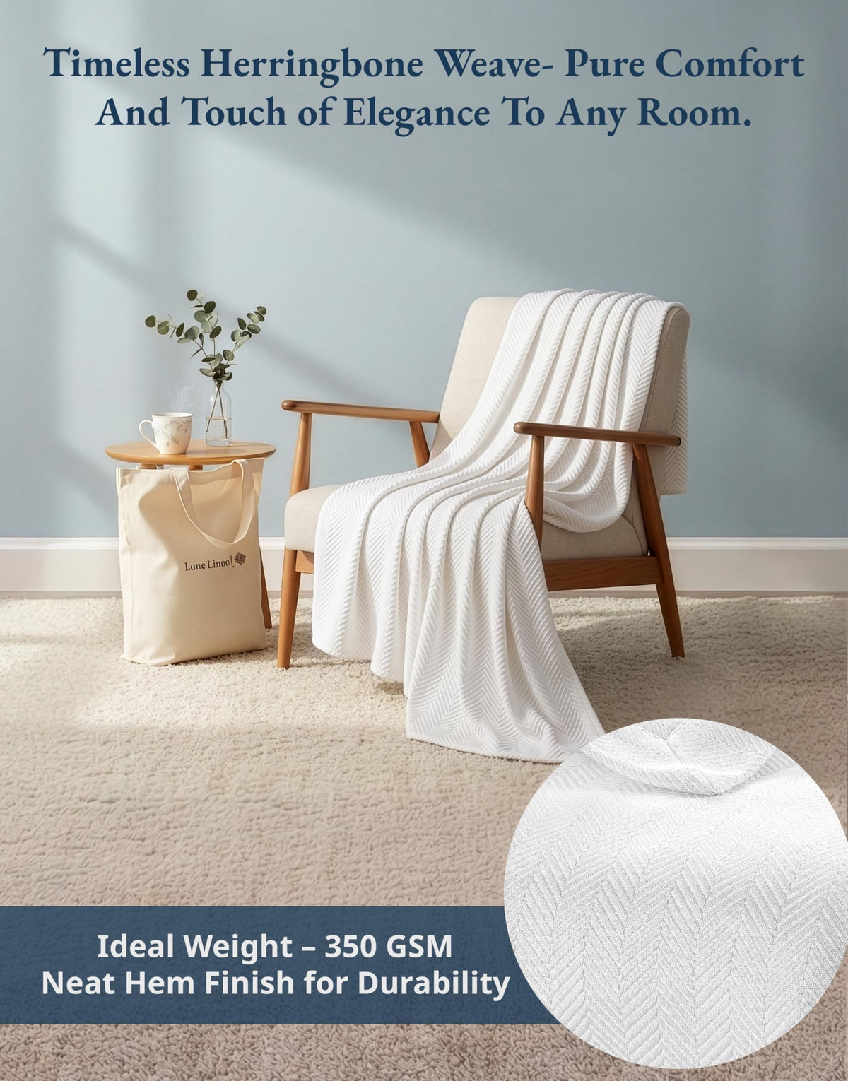 Lane Linen Queen Size Blanket – All-Season 100% Cotton, Soft & Cozy Woven Texture, Lightweight & Breathable Bed Blanket, Durable Thermal Layering Blanket, 90"x90" – White