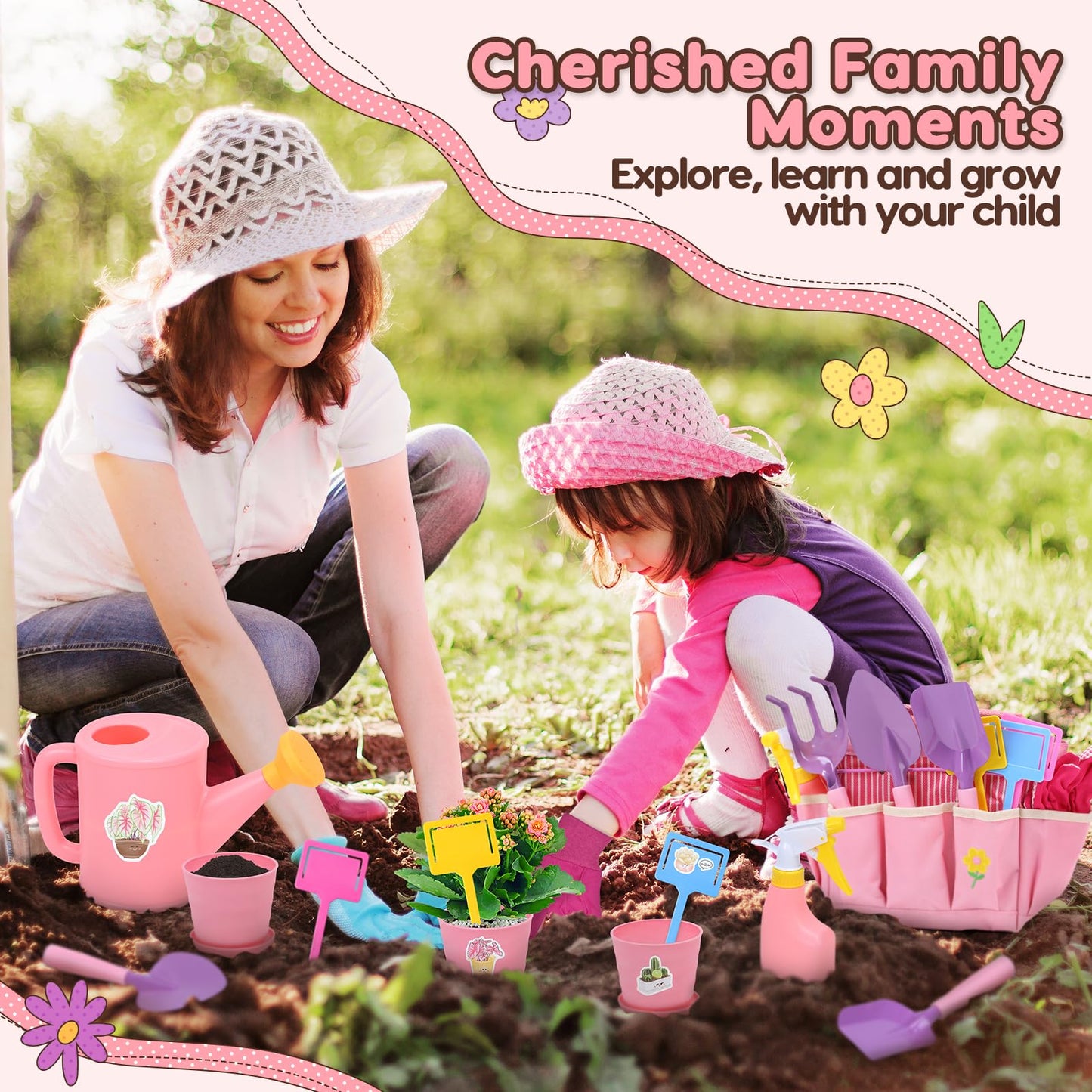 CUTE STONE Pink Kids Gardening Tool Set, Garden Toys W/Shovel, Rake, Trowel, Apron W/Pockets, Garden Tote Bag, Watering Can, DIY Stickers, Outdoor Backyard Digging Gift Toys for Boys Girls