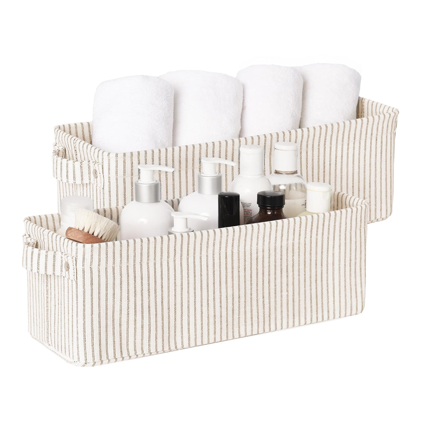 StorageWorks Narrow Storage Bins, Small Basket for Bathroom, Closet and Shelves, Fabric Organizer with Handles, Toilet Paper Storage, Khaki Stripes, 2-Pack