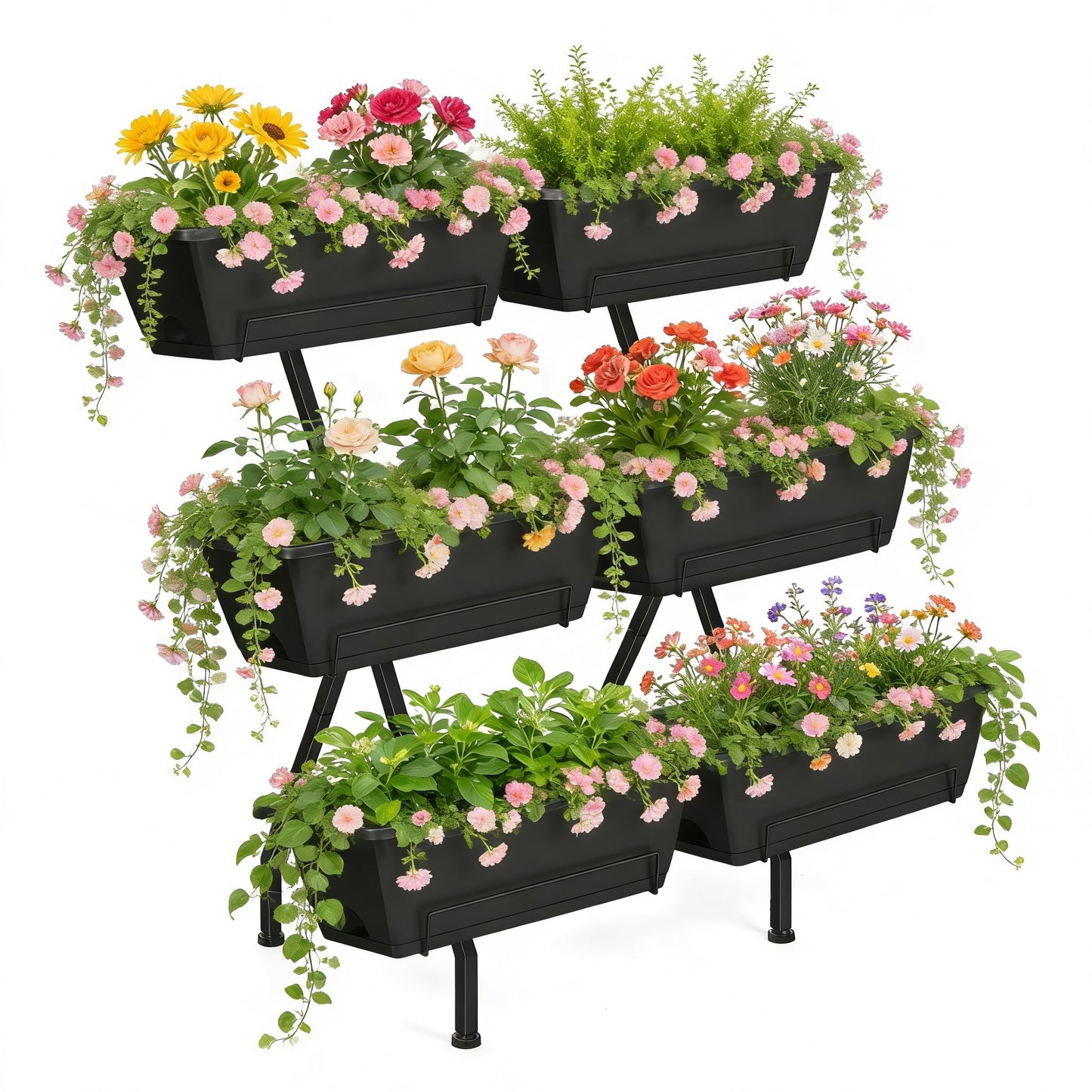 Vertical Garden Planter 3 Tier Vertical Raised Garden Bed with 6 Garden Planter Boxes Elevated Raised Bed with Drainage Holes Outdoor Standing Garden Planter for Herbs Flowers Vegetables, Black