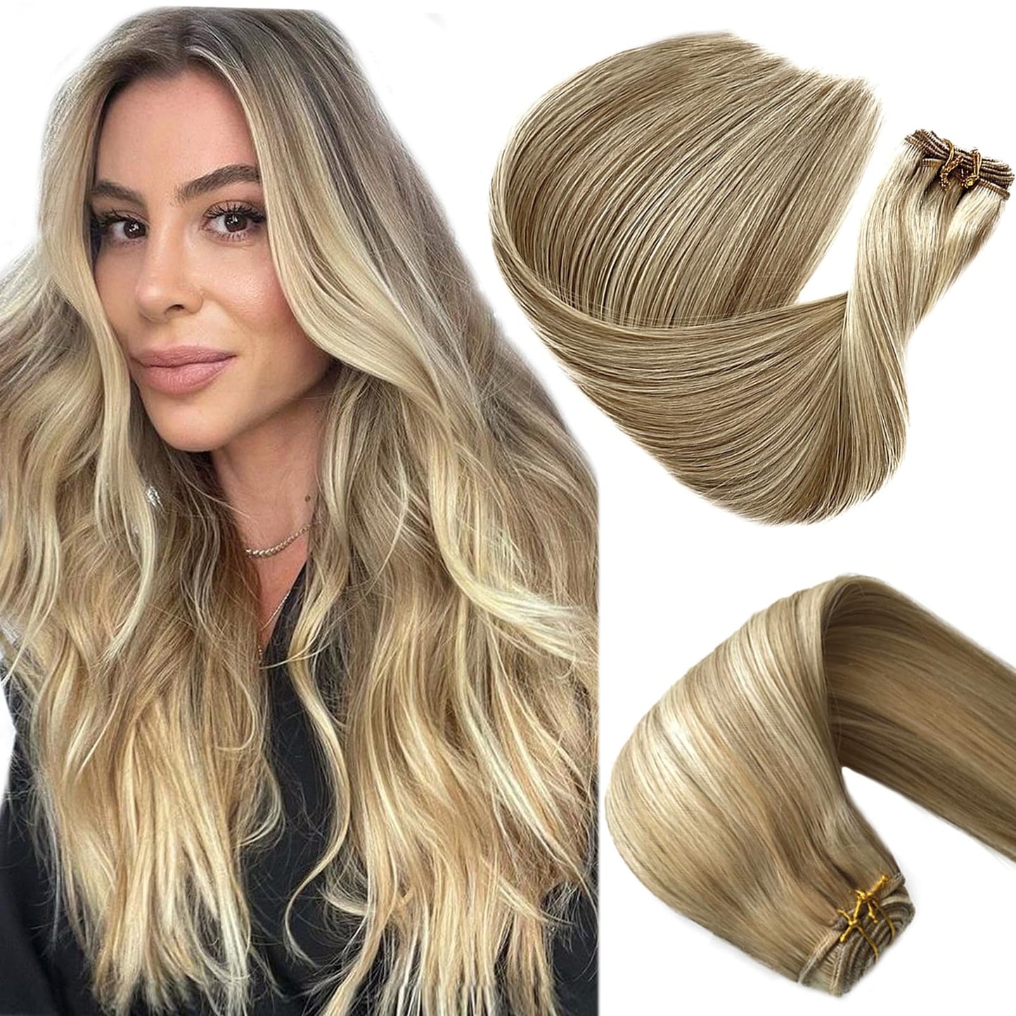 Sew in Weft Hair Extensions Real Human Hair 20 Inch 100G Ash Blonde with Platinum Blonde Highlights Weave Bundles for White Women Color #18/60 Hand Tied Weft Sew in Remy Wefts Extension