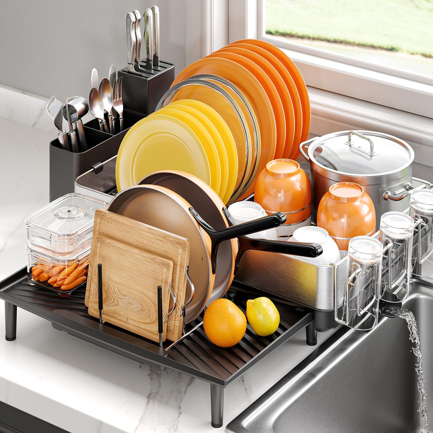 Expandable Dish Rack with Drainboard - Stainless Steel Dish Drainer with Removable Cutlery Tray, Foldable Cup Holder, Elevated Feet, Multifunctional Drainboard for Sink Countertop Kitchen Storage
